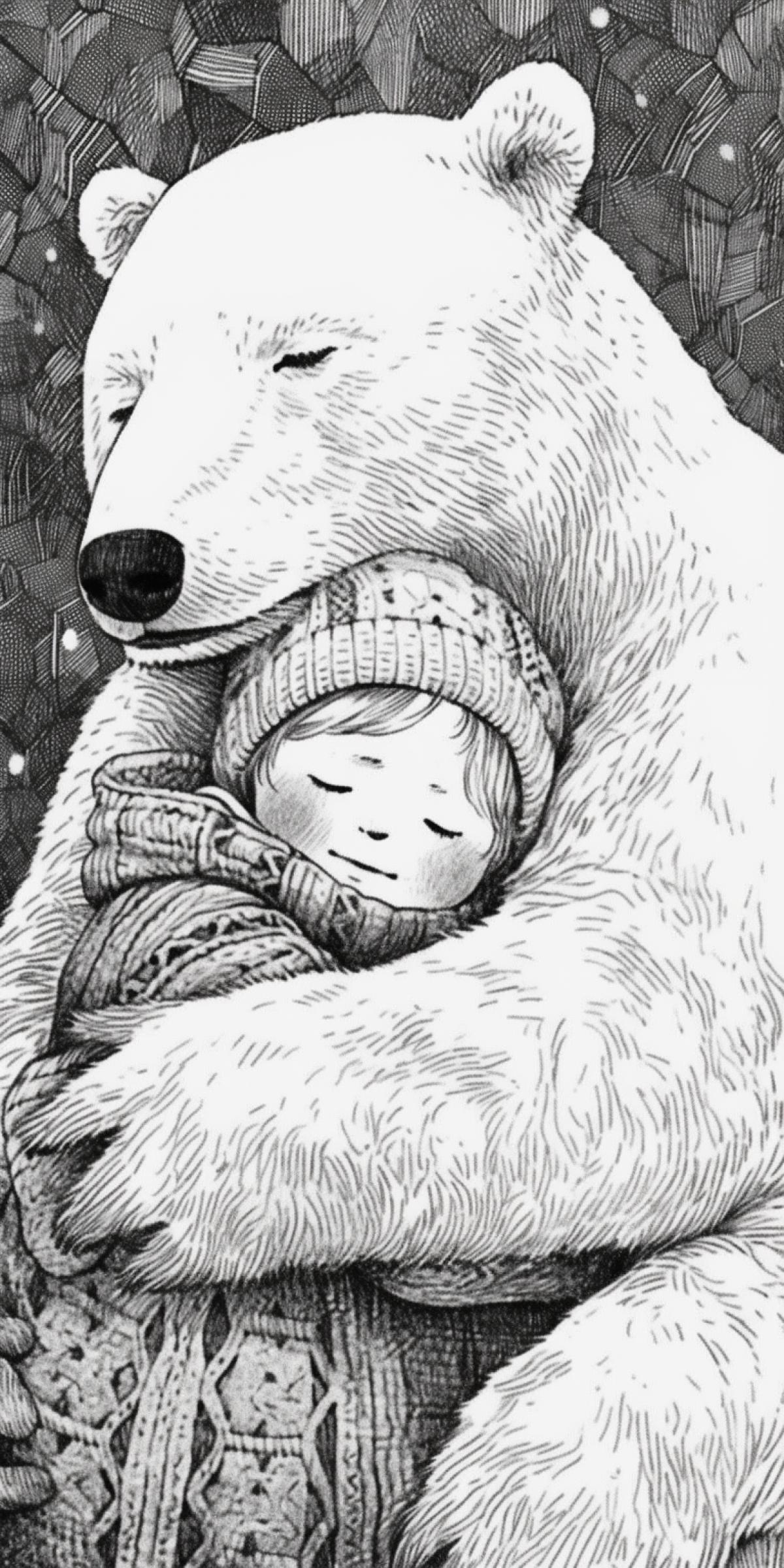 dark and white pen and ink illustration in dot drawing style, engraving etching, a cute little girl in a winter coat hugging a polar bear by the neck, snow and ice around, dark and white art