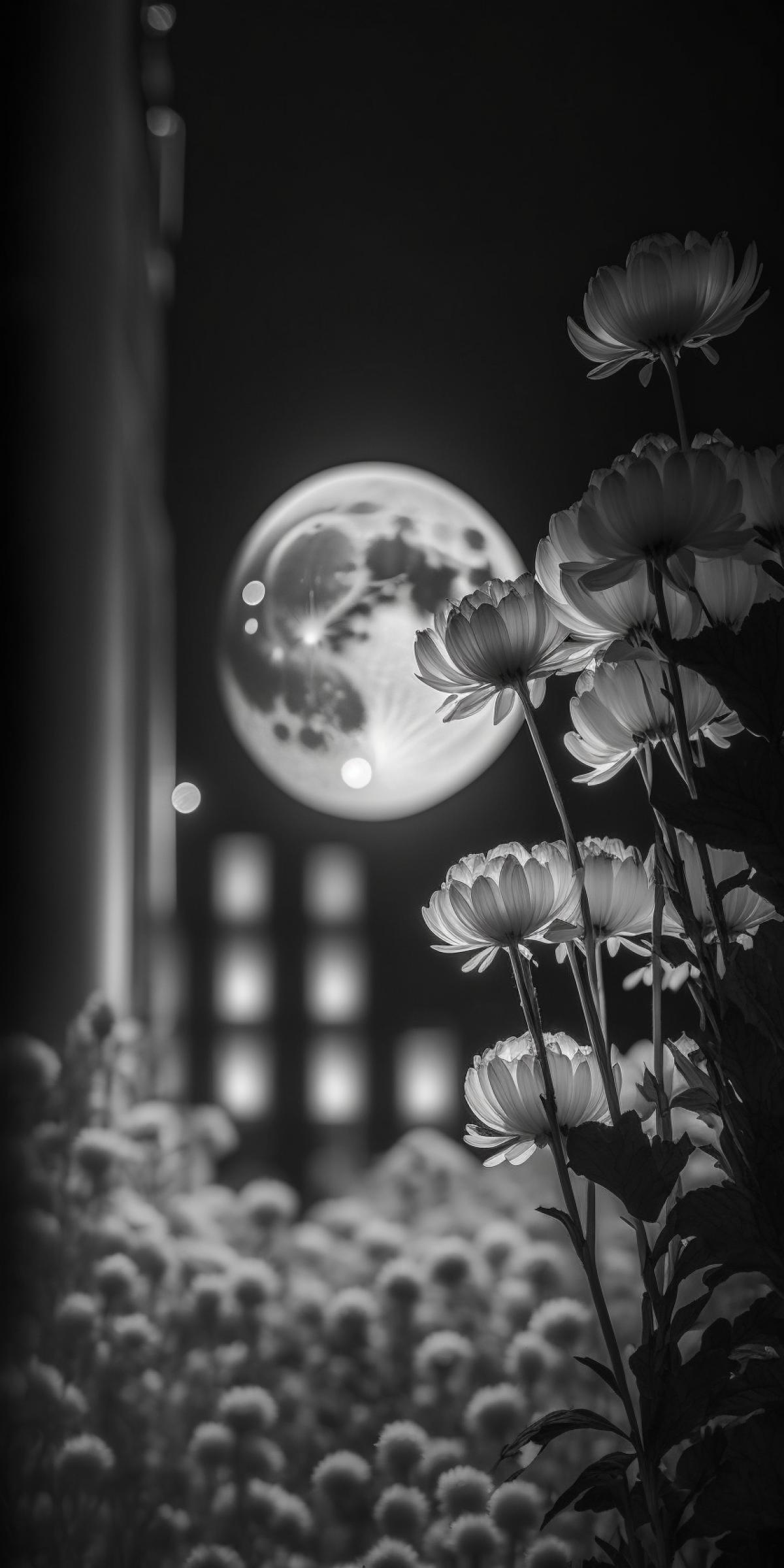 A close-up of a blooming flowers in the foreground with a blurry iconic architectural structure in the dark and white background, DOF, HD, Macrophotography, moon light, dark and white photo
