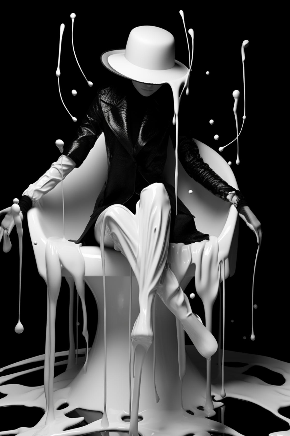 computer created a digital sculpture of a woman seated in a hat, who is out of control, in the style of expressionistic drips, daz3d, dark and white, flowing fabrics, hyper-realistic water, surrealistic cartoons, dark and white photo