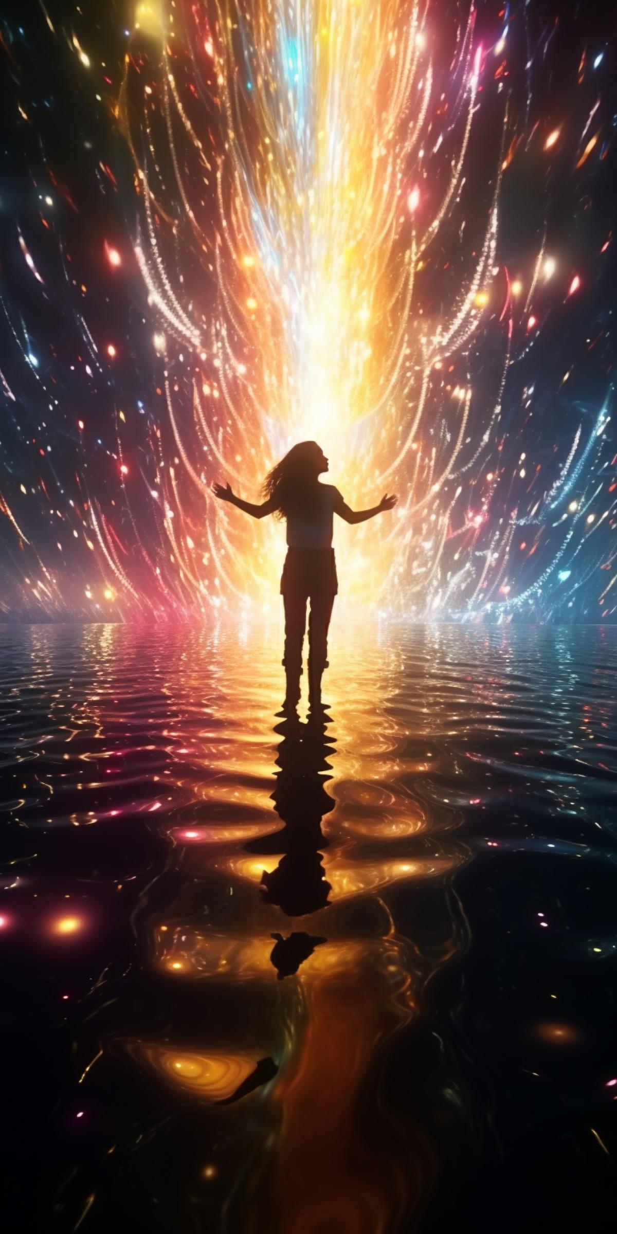 reaching for the bliss of pure happiness and inner peace, colorful lighting, reflective, surrealistic 4k