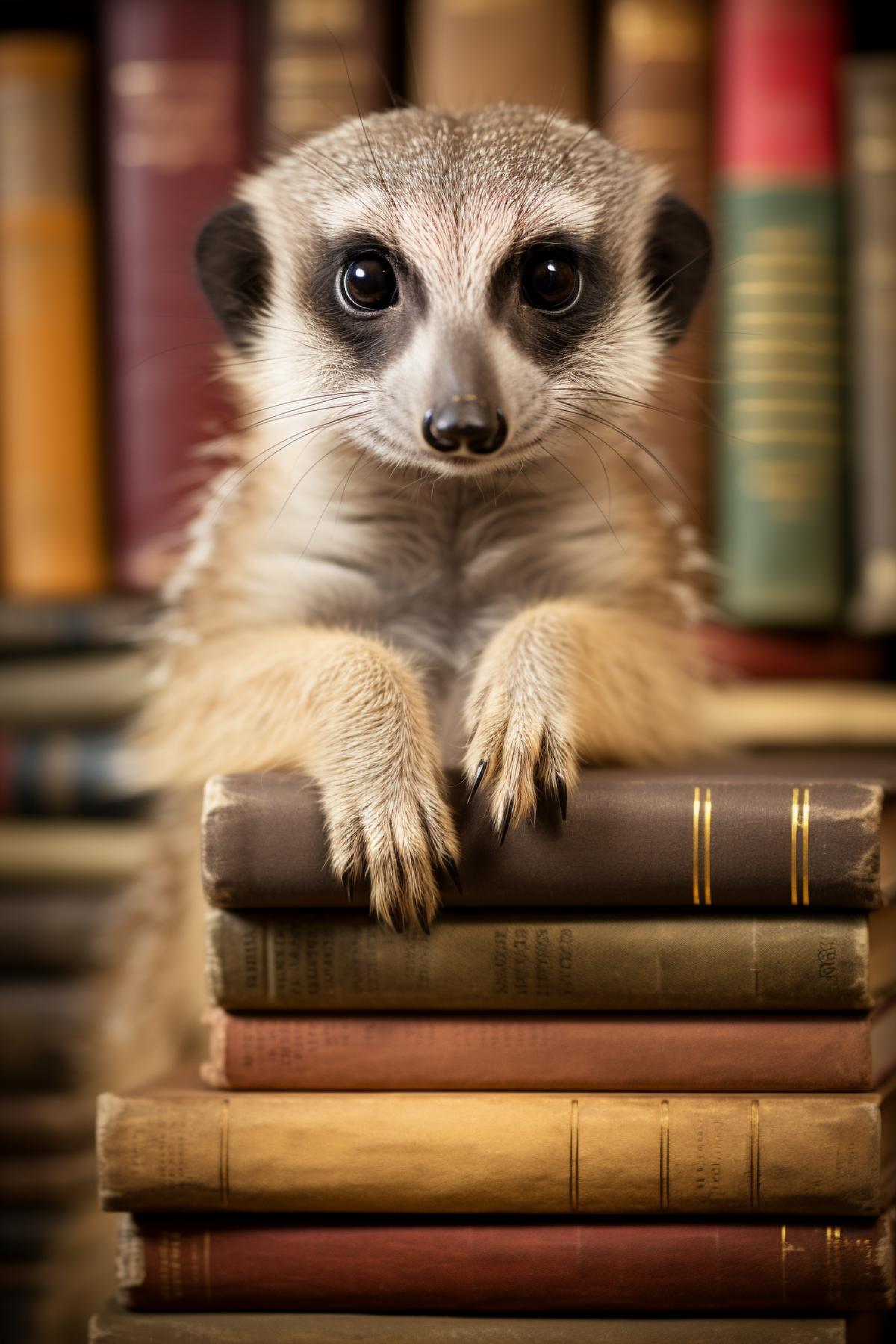 Curious meerkat on a pile of books