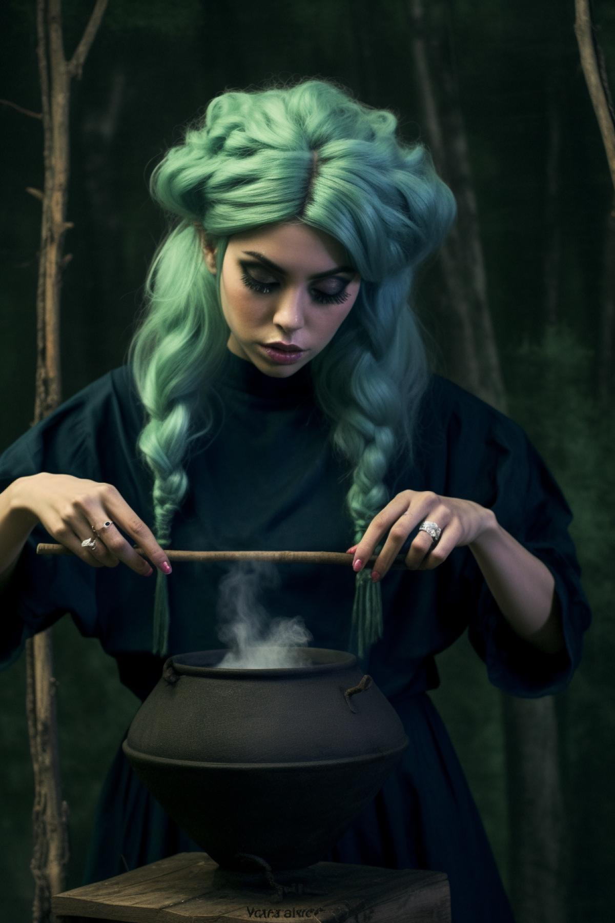 Cheerful pretty witch with green hair, in medieval clothes, conjures potions in a cauldron, in a dark forest, a mysterious light
