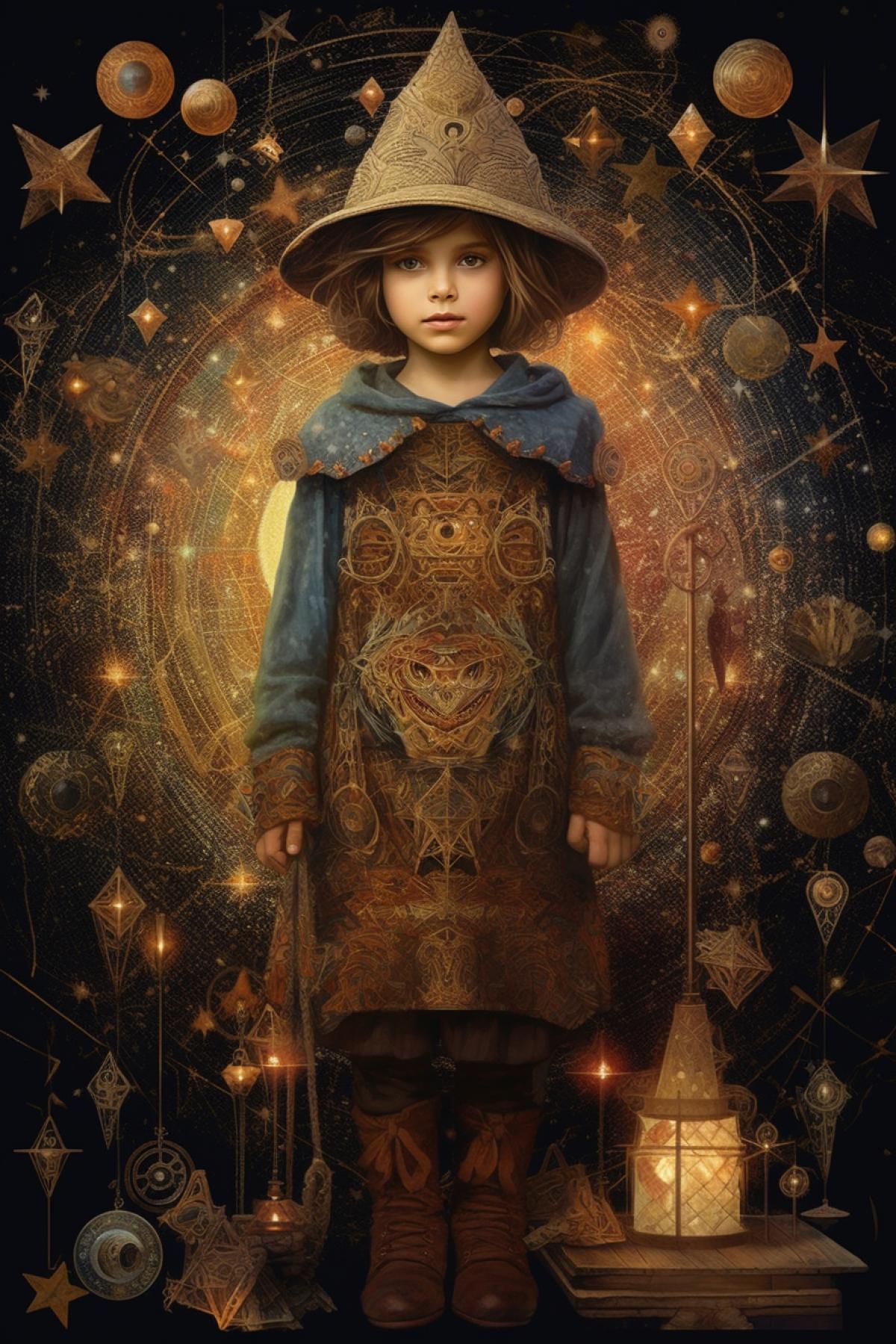 Little wizard, magician child, sacred geometry, many details