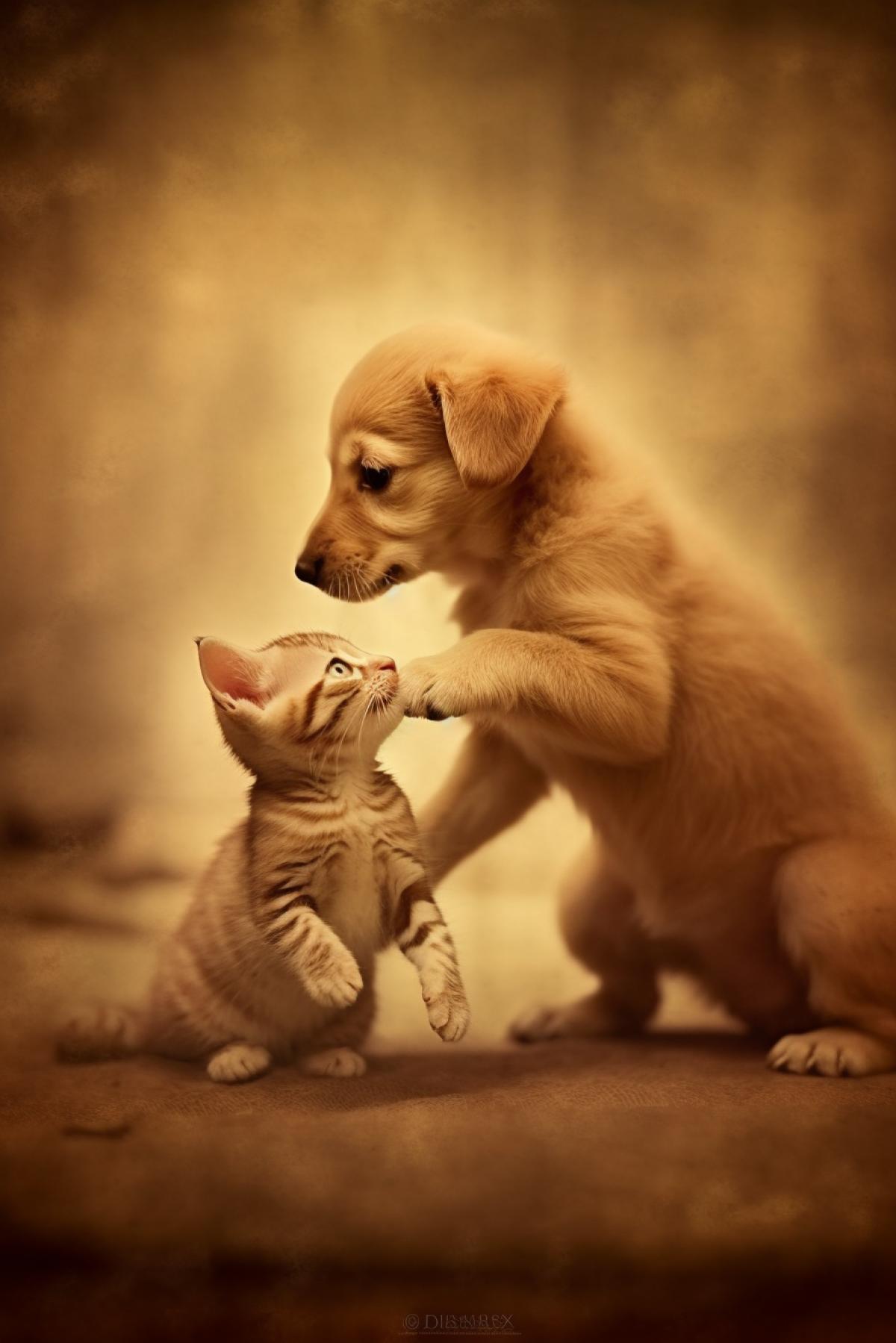Kitten and puppy playing faded photograph