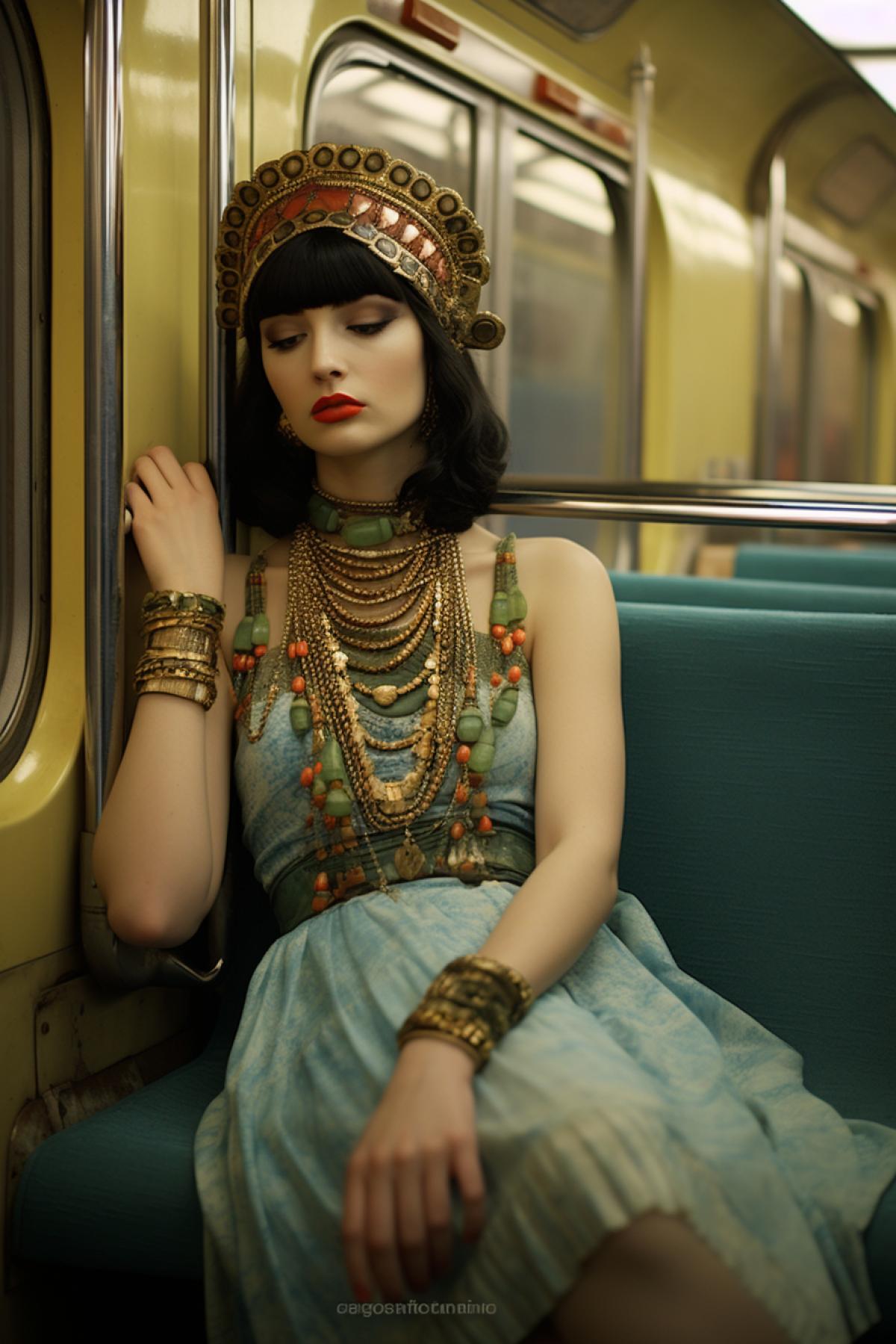 Tired Cleopatra in the Soviet metro. artistic photography.