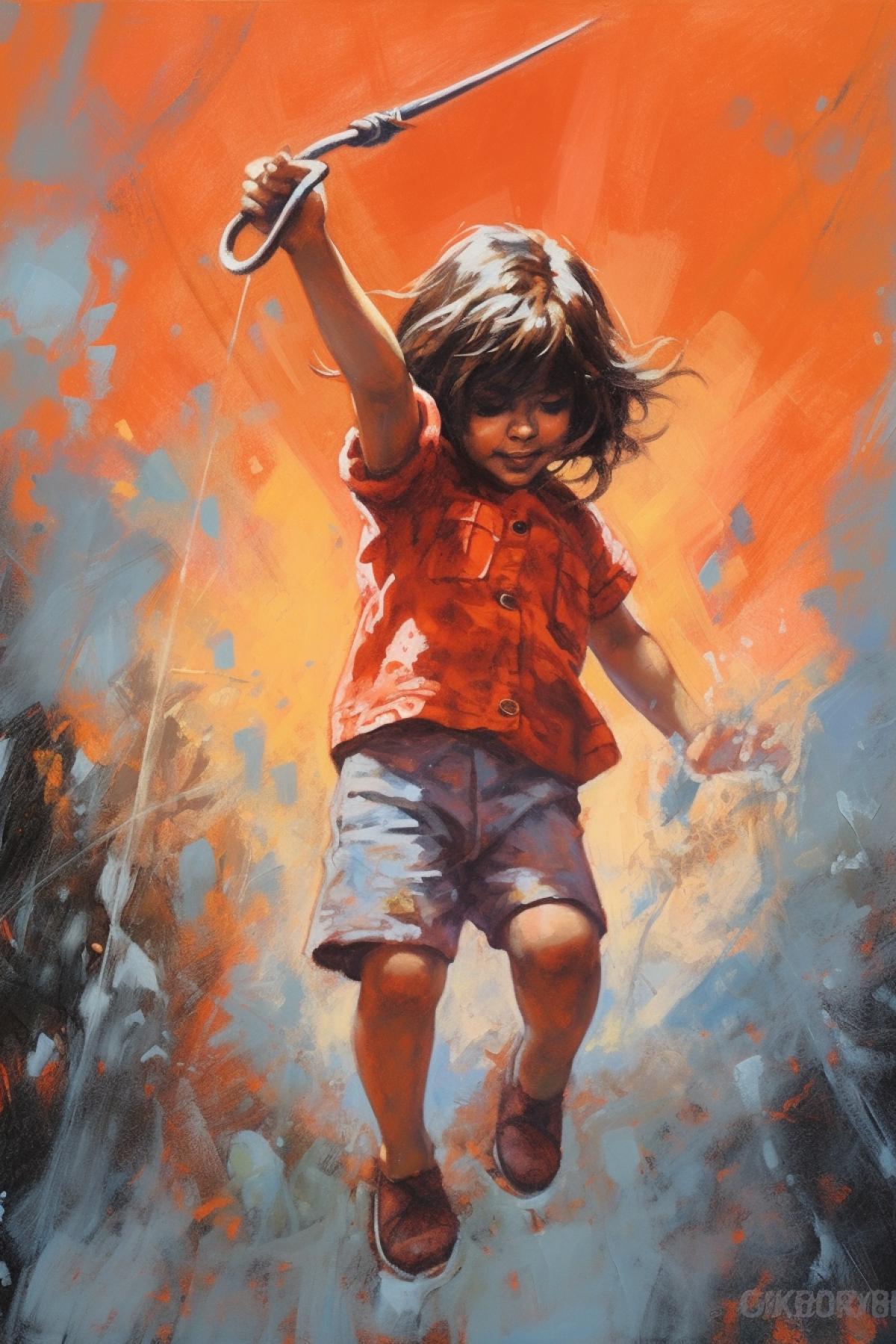 Little girl hooligan shoots from a slingshot, bright juicy acrylic drawing