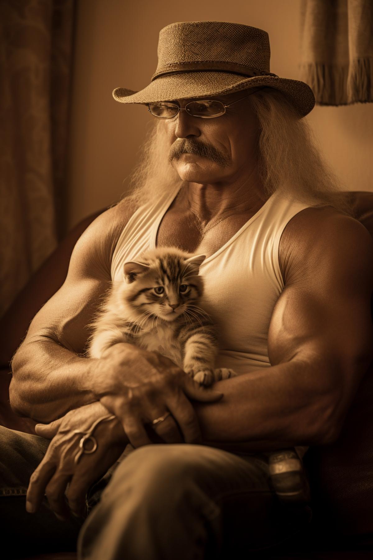Gentle Hulk Hogan pets a cute kitten. Art photography. Sepia