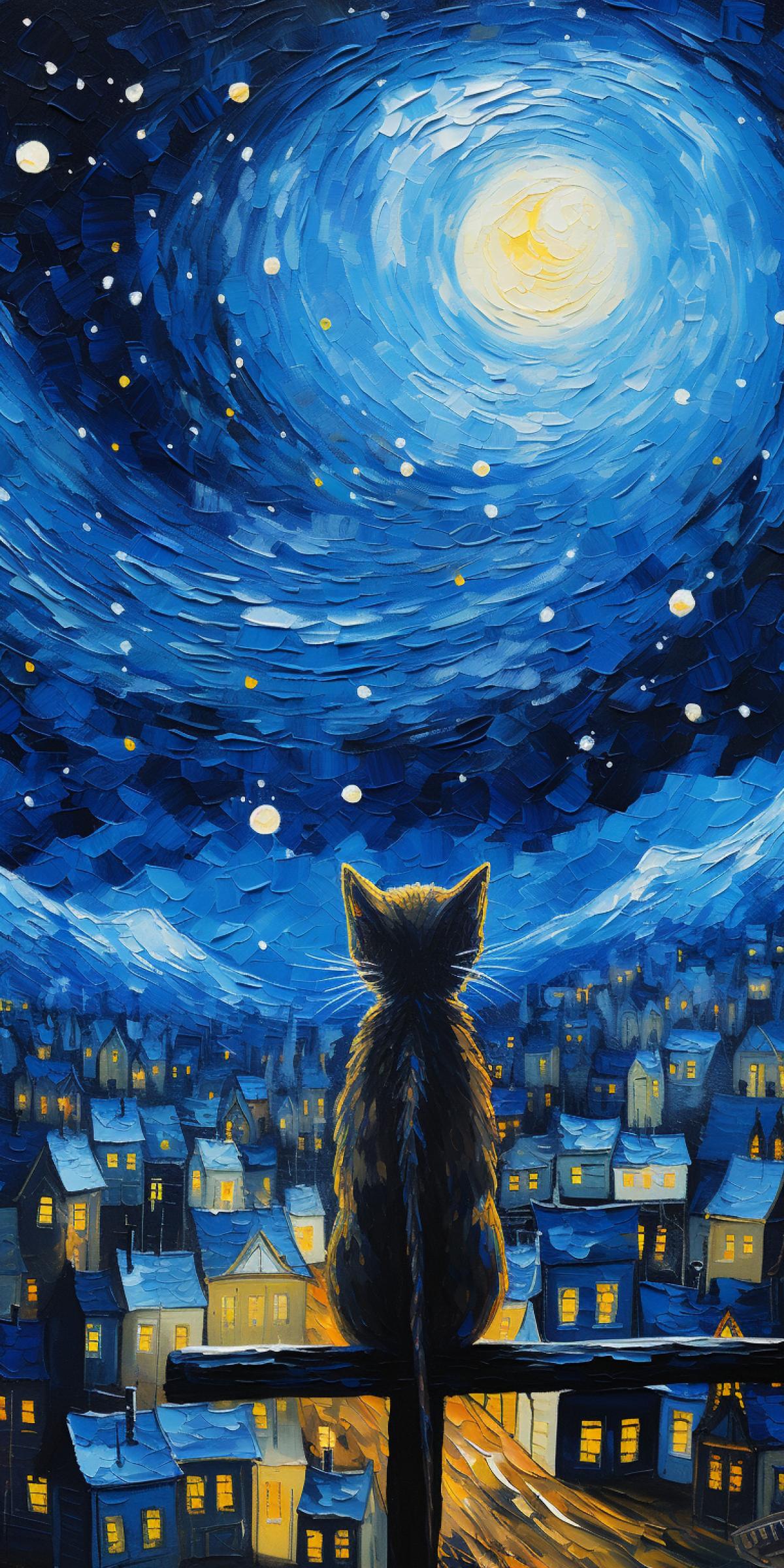 Little cat looking at the stars on the roof of the house, surrealistic, by salvador dali, with melting clocks, dreamlike landscapes, and a hidden meaning, using the color palette of van goghs starry night, and the intricate linework and soft shading of kuvshinov ilya, Pointillism, Golden ratio, Pastel colors, symmetry, Intricate, mind-bending, Dark fantasy, Pop surrealism, Contemporary, Surrealism, Anime style