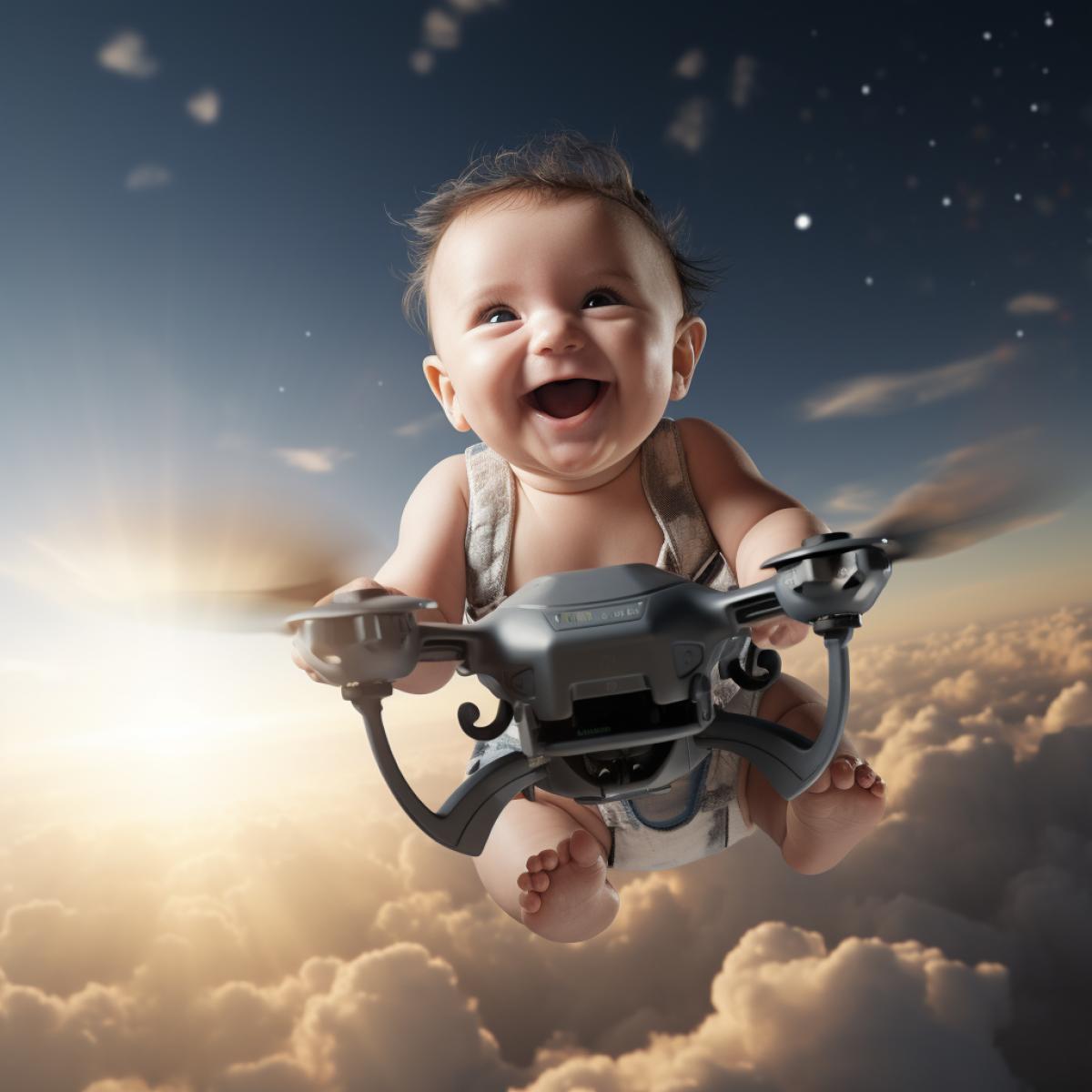 a happy baby being flown by a drone , sunny lighting, wide angle lens, realistic, sharp, octane render, unreal engine, unsplash
