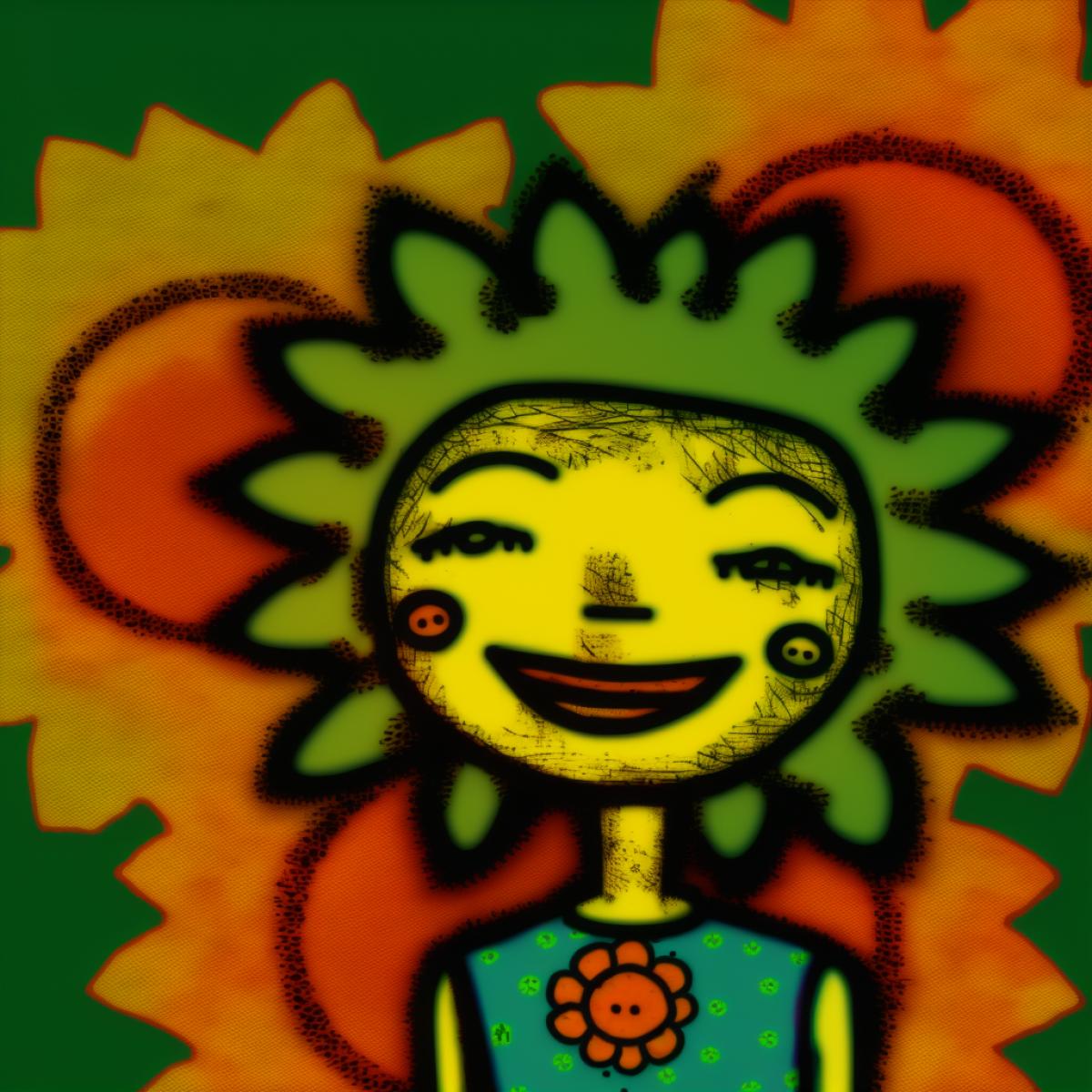 Smiling sunflower ,Paul Klee style, surreal masterpiece, artistic, focus, colorful background, detailed, intricate details, rich colors, chinese young girl,aged 8,asain beauty,chinese,cute and adorable,white skin,smile,full body, 8K resolution,💃,punk,neon punk,flower punk,glowing