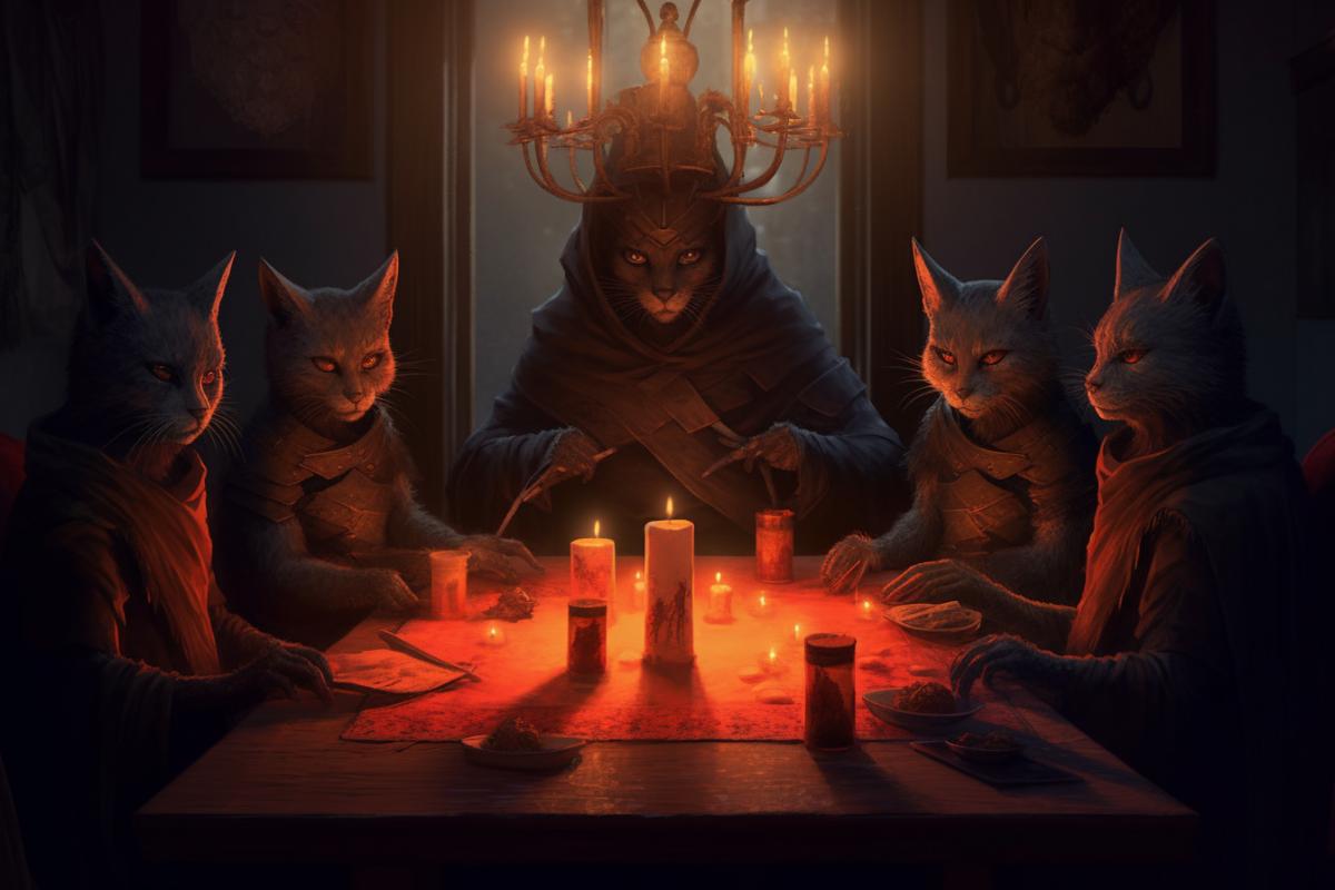humanoid cats in capes, sitting around a table by candlelight