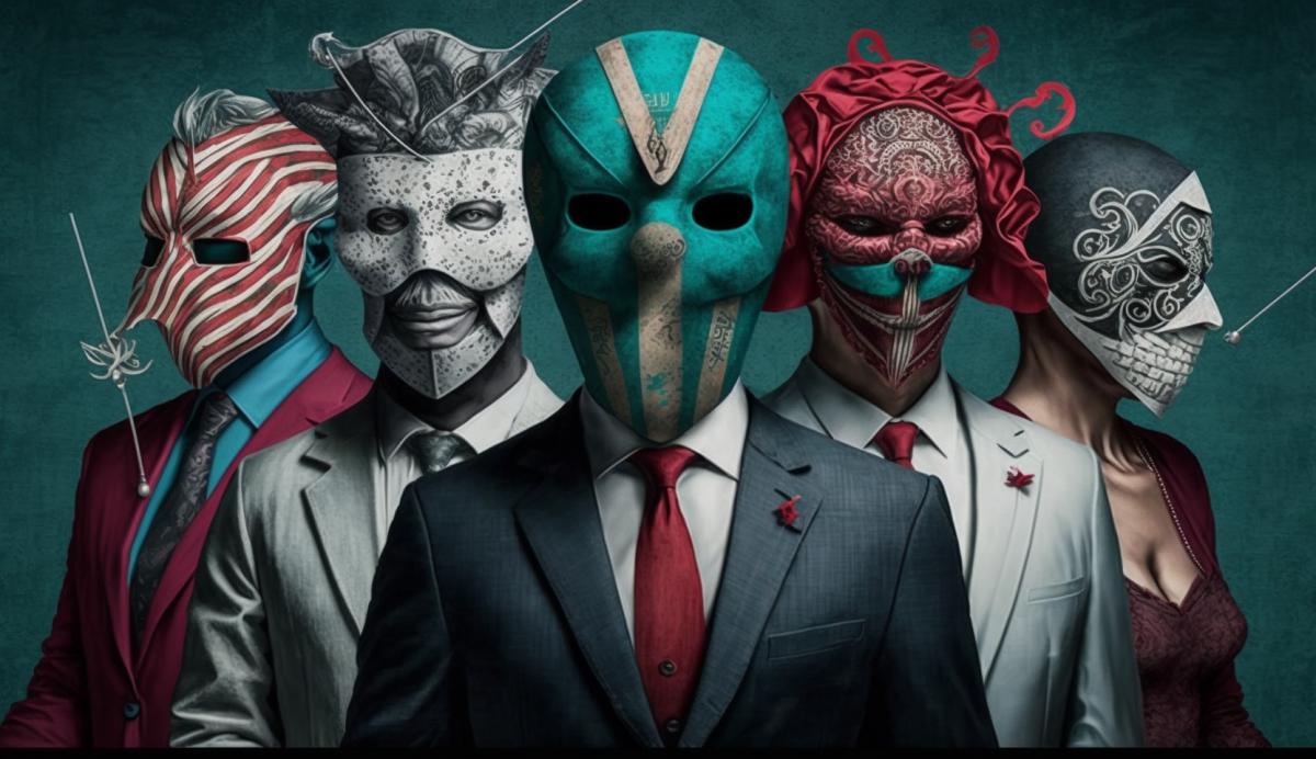 people are depicted adorned with colorful masks that symbolize leaders and powerful people, each person has a string control illustrating that even those who seem to be rulers can be puppets in the hands of secret organizations and conspiracy theories