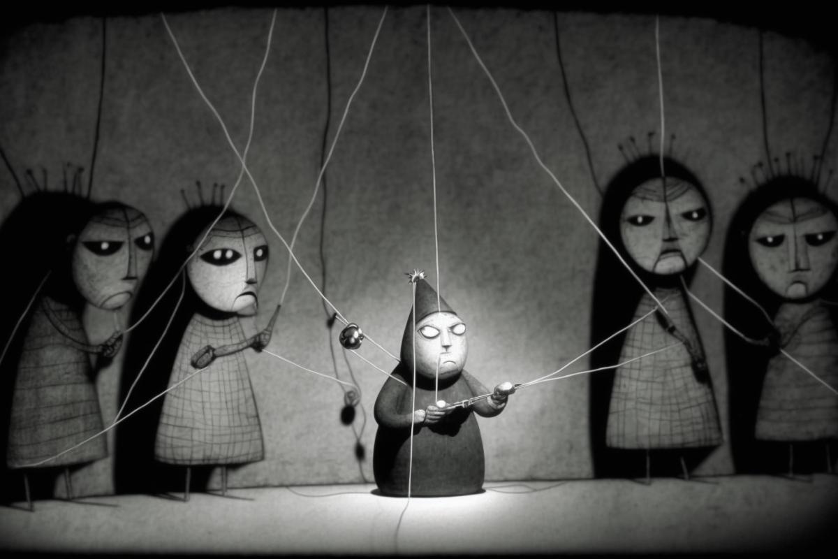 The drawing shows mysterious figures that stand in the shadows and control puppets on strings.