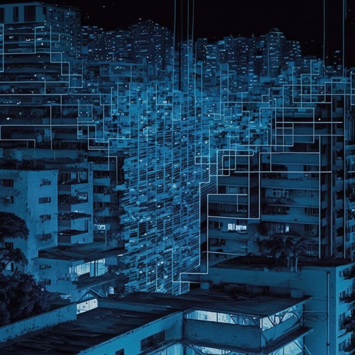 Digitized urban landscape, everything is unsteady, unrealistic from ones and zeros