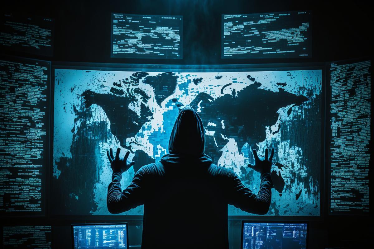 The picture shows a mysterious hero with a mysterious mask, standing in front of a huge monitor, which reflects a map of the world. His hands press their fingers to their lips, forming a symbol of silence. This hero is a key member of a secret world government that controls and manipulates world events while remaining in the shadows.