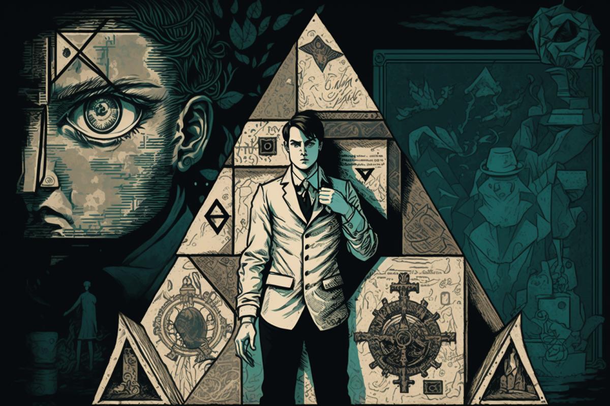 The drawing shows the protagonist standing in front of a huge Illuminati puzzle cube made up of various symbols associated with secret organizations such as the Illuminati. His expressive gaze and determined posture show that he is ready to unravel the mysteries of conspiracies and reveal the hidden truths hidden behind complex puzzles.