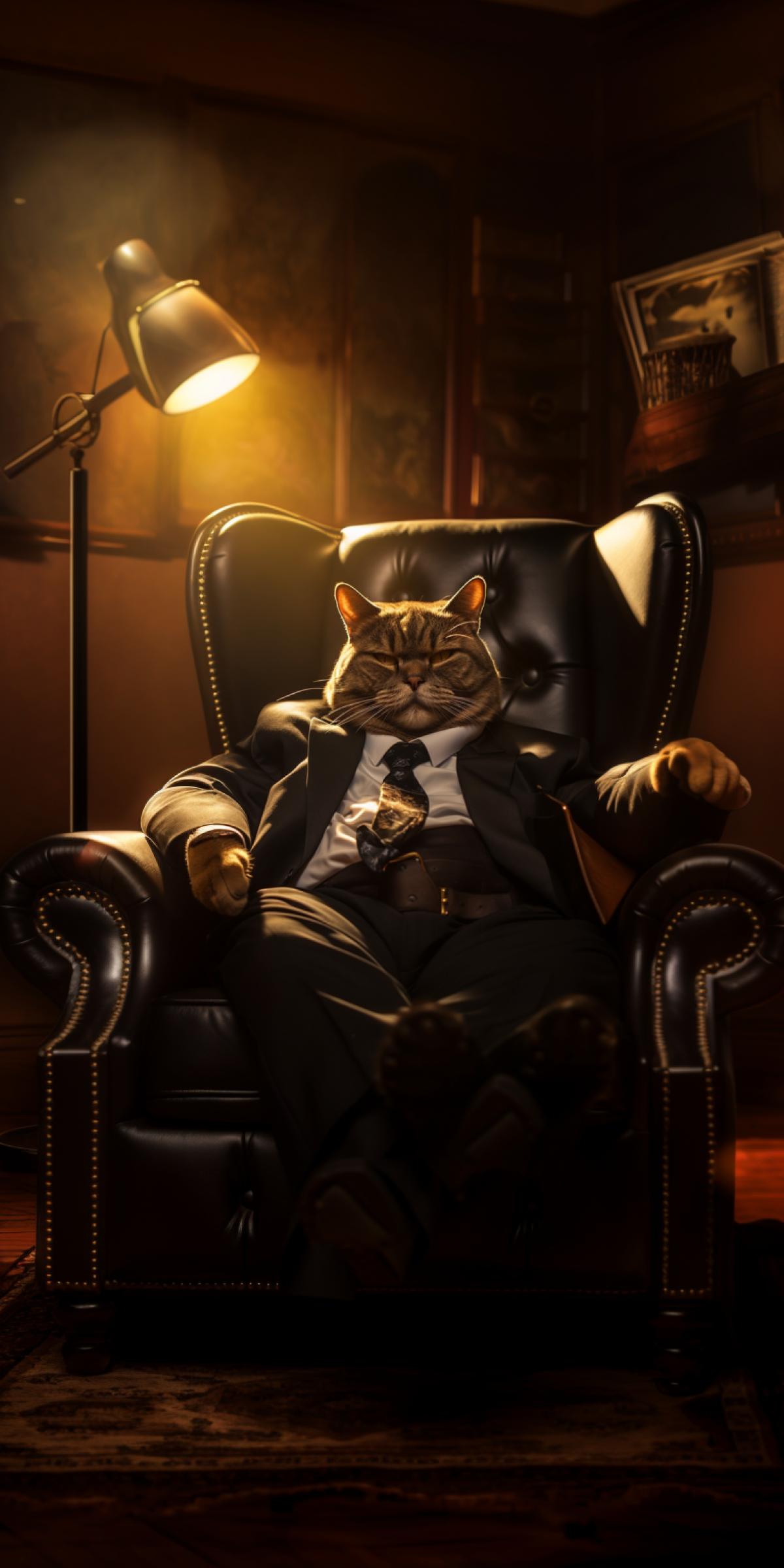 A very fat cat wearing a dark suit sits on a leather sofa, with a world map and some sculptures behind it. Its fur emit a cold glow in the sunlight, as if it is a godfather-like gangster boss. The depth of field effect makes it more mysterious, and the cinematic quality makes people feel its authority and terror. This is a hyper-realistic style work, realistic in detail, heavy in color, and with a resolution of up to 4k. ar 9:16