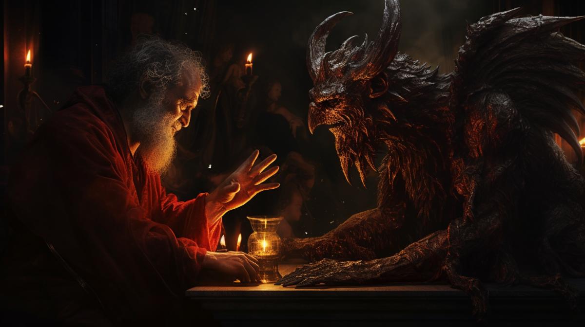 Judas, betrayal, treason, conspiracy, mysticism, the devil whispers in the ear of Judas, night, CG art speed