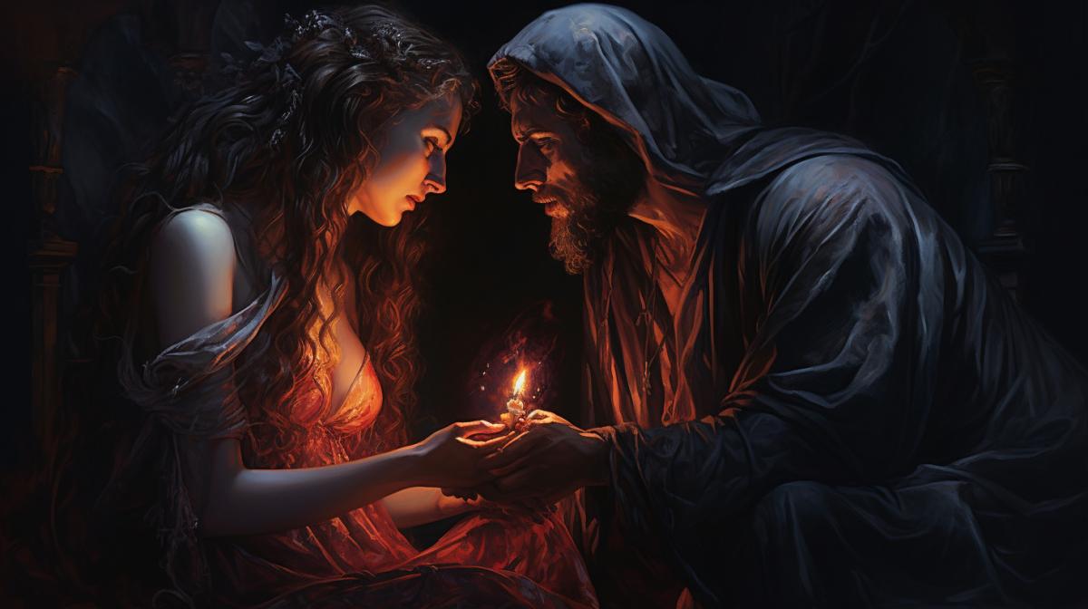 Judas, betrayal, treason, conspiracy, mysticism, the devil whispers in the ear of Judas, night, CG art speed