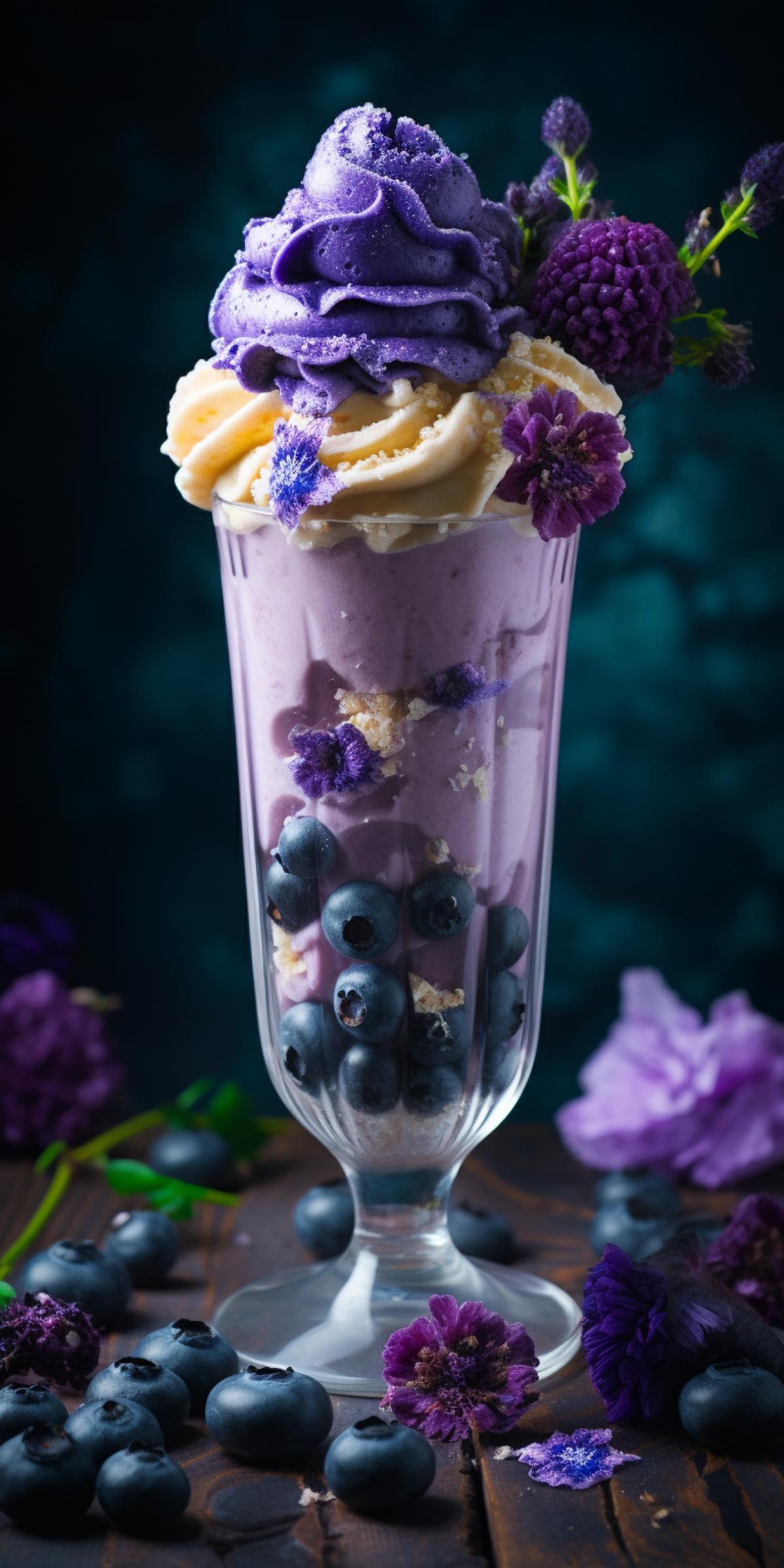 Blueberry ice cream with syrup in a tall transparent glass, purple flowers, blueberries, very detailed, real photograph, Photograpy