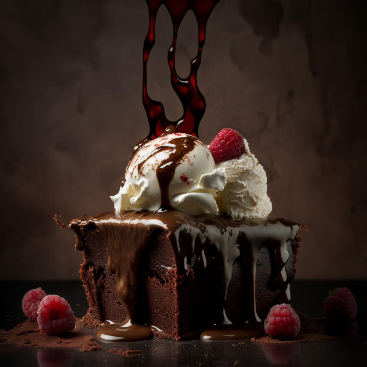 food photography, studio lighting, soft lighting, f1,8, intricate, detailed, f1.2, bokeh, ice cream on a fudge brownie with whipped cream and chocolate sauce surrounded by raspberries