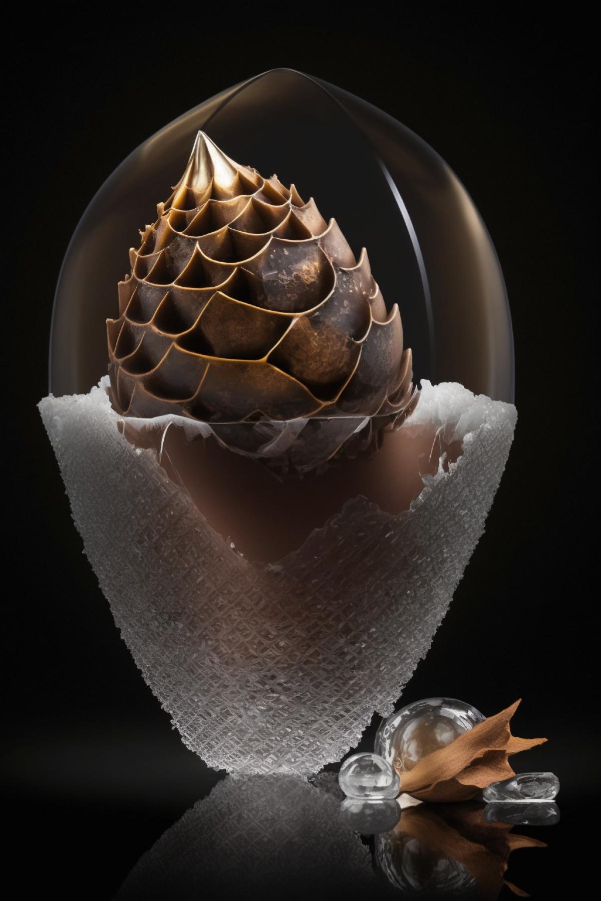 Dark Chocolate + burnt ice cream in a crystal acorn cupule