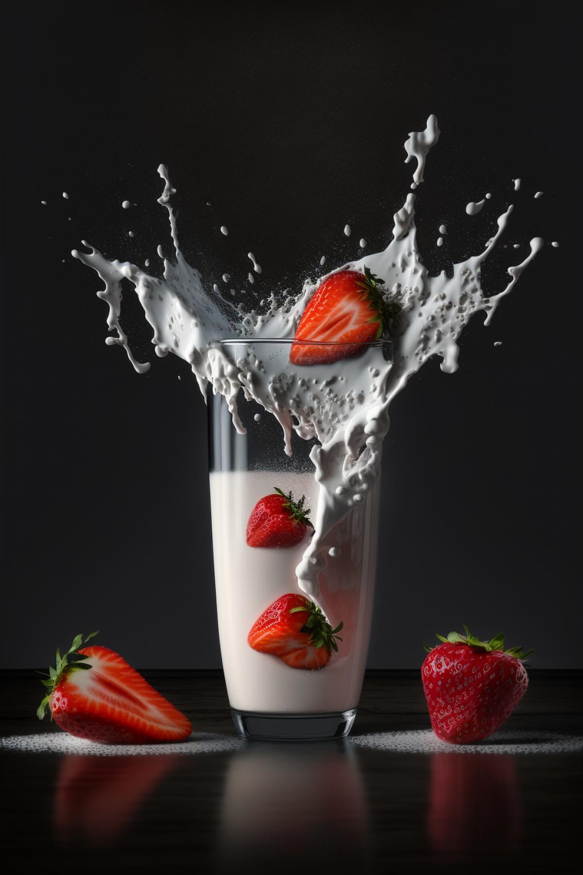 Photo taken by SLR, 3 strawberries fall from the air to the milk surface, one strawberry falls into the milk, the milk surface stirs up ripples, dark background