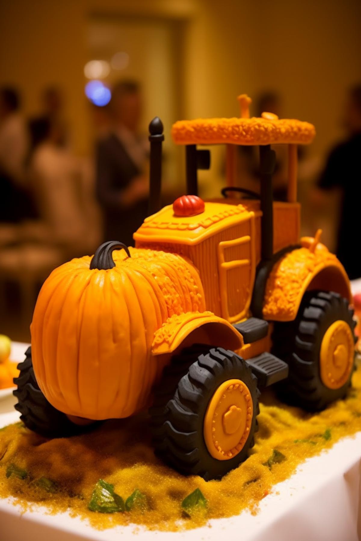 Sweet appetizing cake in the form of a tractor on the festive table