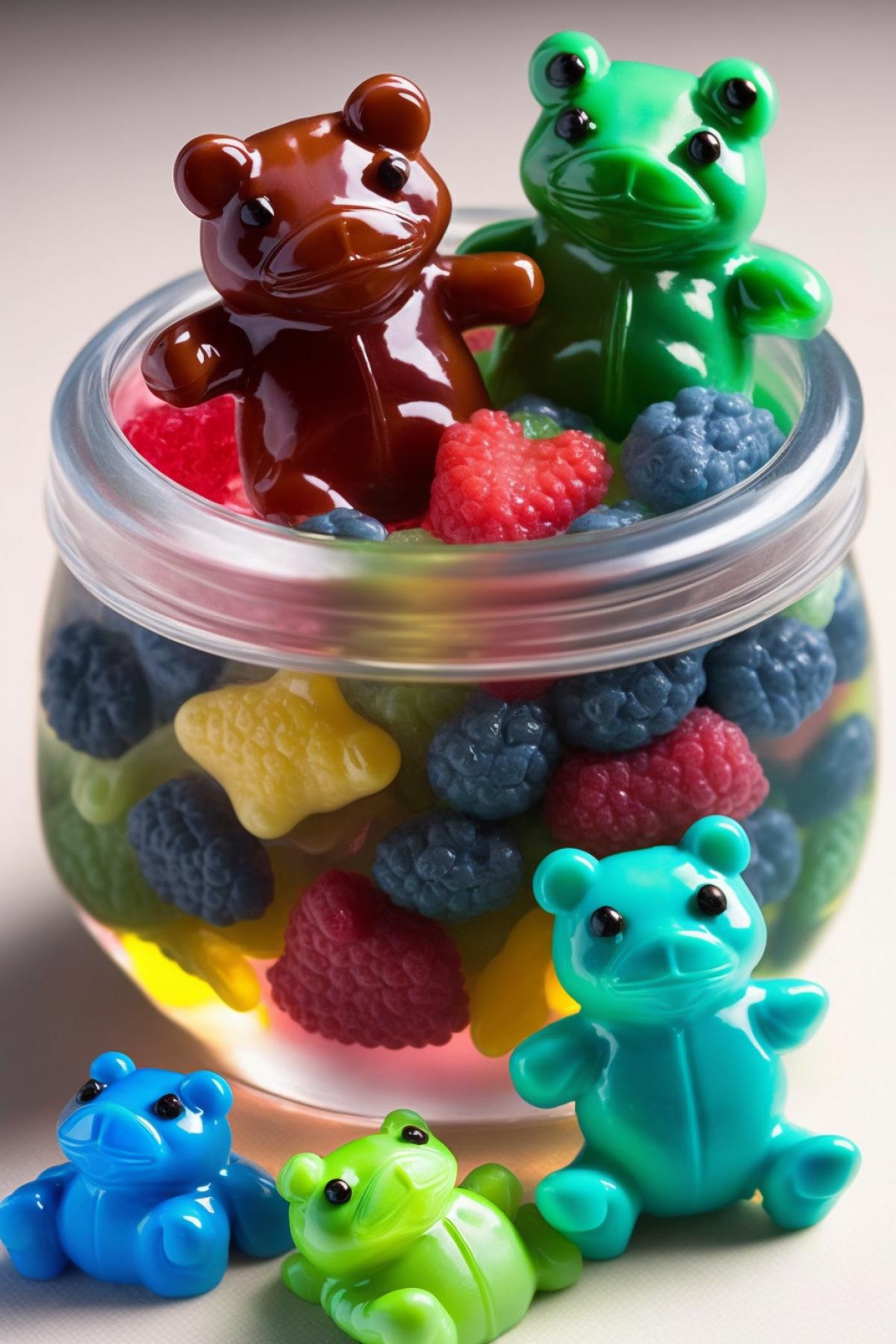 Gummy frogs and gummy kittens, appetizing sweets photo