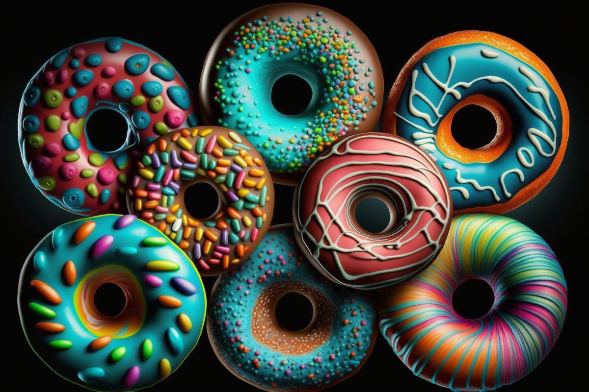 Hyper realistic photography, Abstract hypnotic illusion of donuts in red, blue, orange, white, brown, pink, yellow, green, purple, turquoise, light blue, dark blue, lime, salmon, olive, turquoise, purple, chocolate, bronze, dark colors