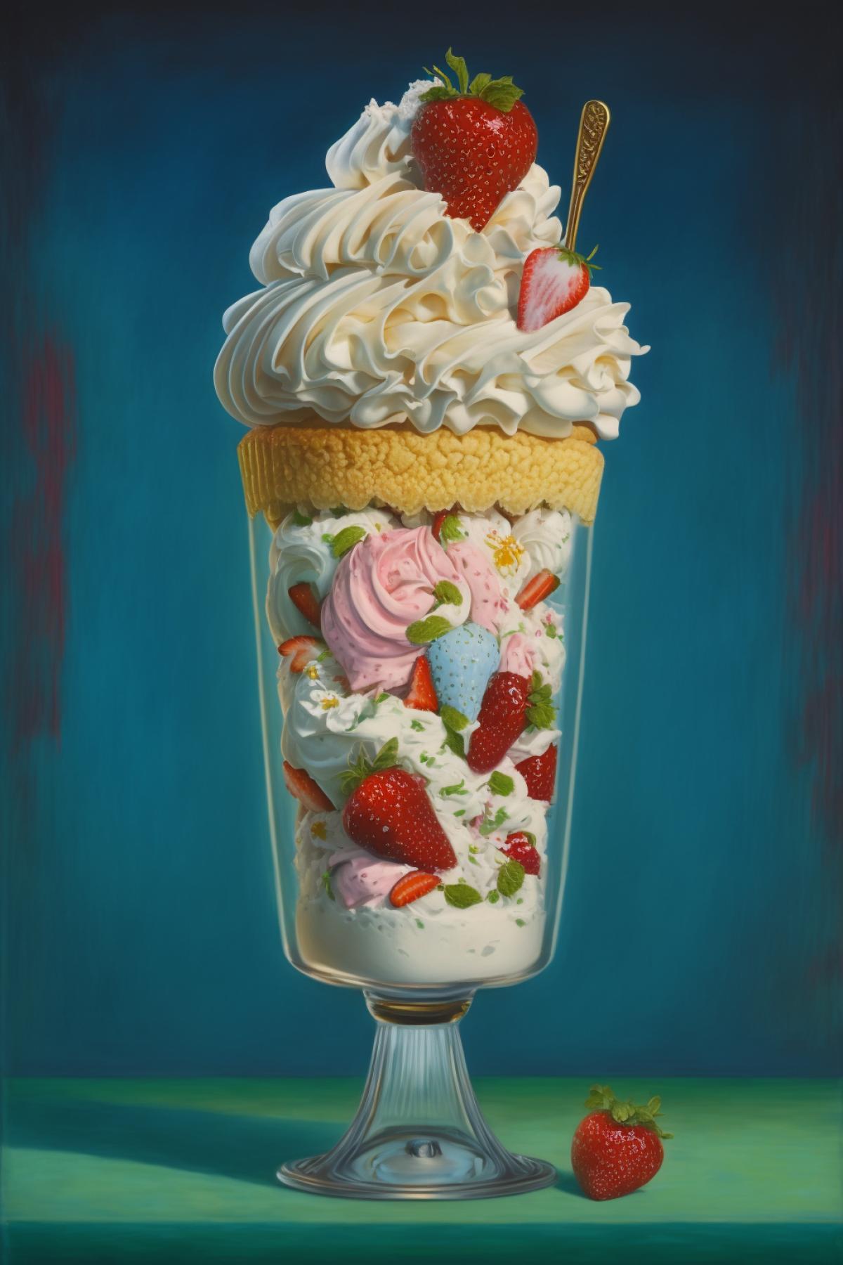 Painted Sunday ice cream in a tall glgarnished with whipped cream, strawberries, colored sprinkles. Beautiful still life, vibrant colors, perfection and artistry. sharp focus ::5