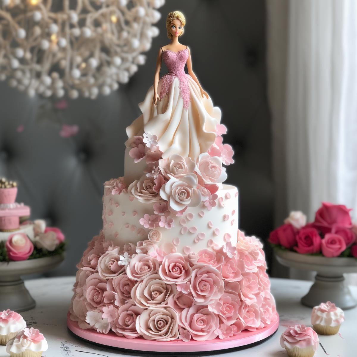 White pink cake with Barbie standing on it
