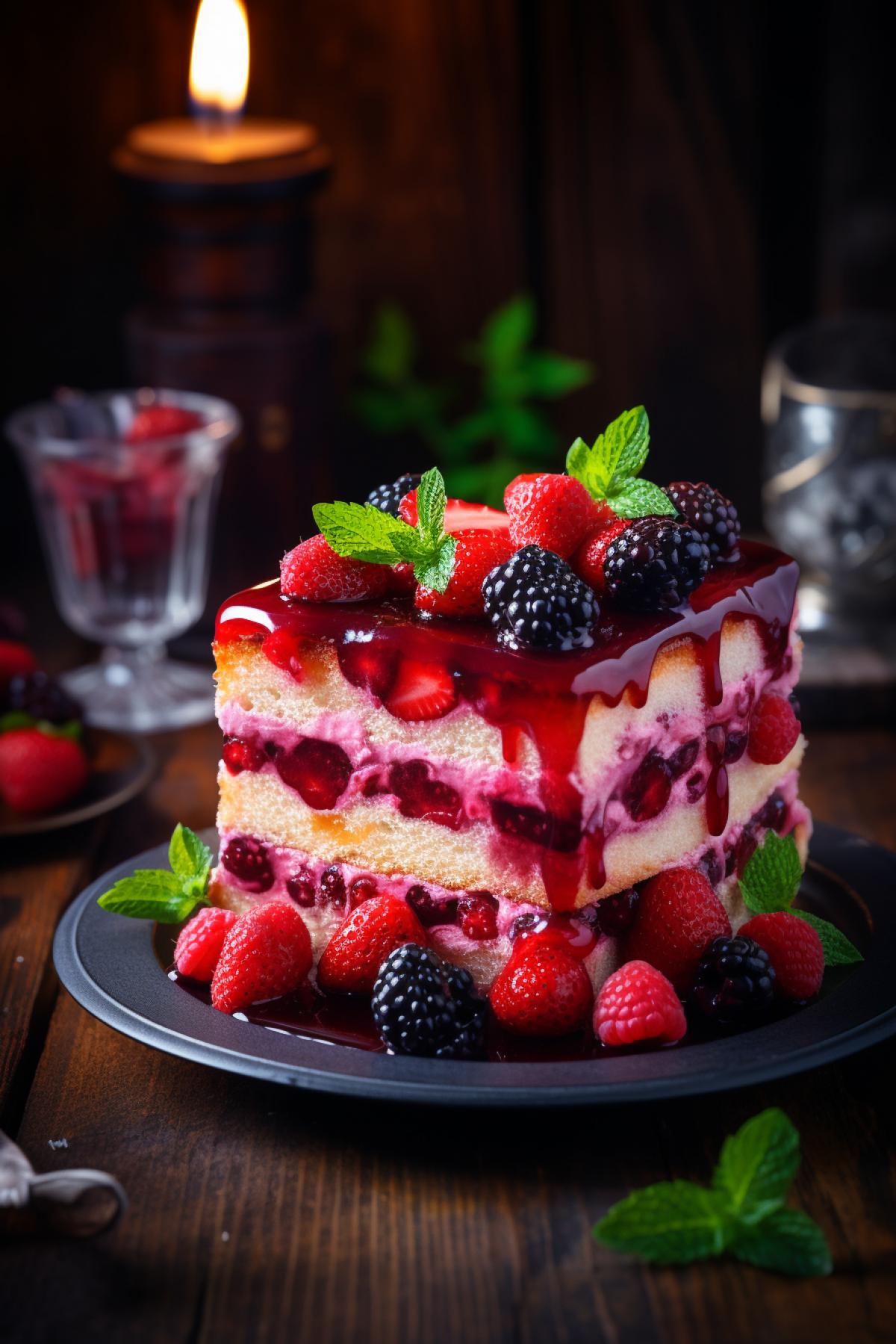 Close-up of a homemade cake with jelly and berries on an old wooden table, uplight