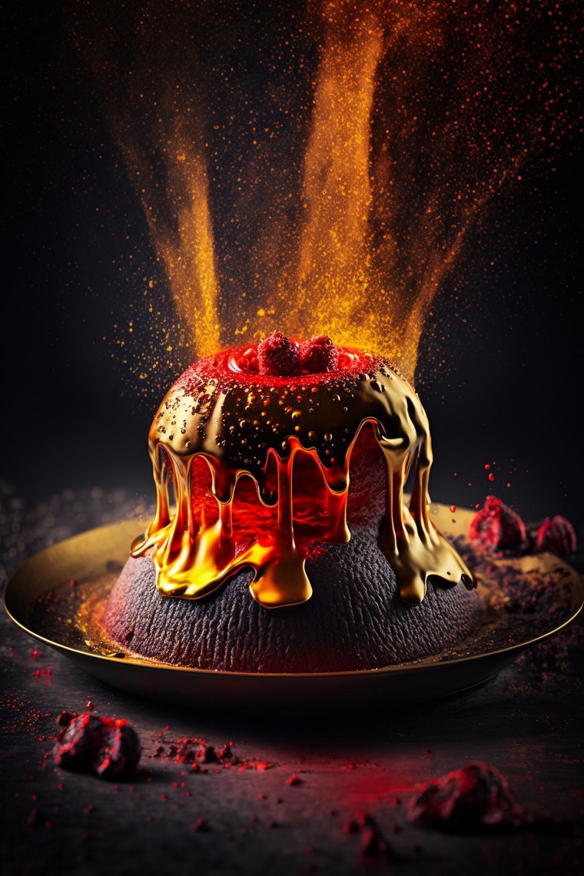 hot lava cake with ruby gemstone and molten gold, close cinematic shot + photos taken by ARRI, photos taken by sony, photos taken by canon, photos taken by nikon, photos taken by sony, photos taken by hasselblad + incredibly detailed, sharpen, details + professional lighting, photography lighting 50mm, 80mm, 100m lightroom gallery behance photographys unsplash
