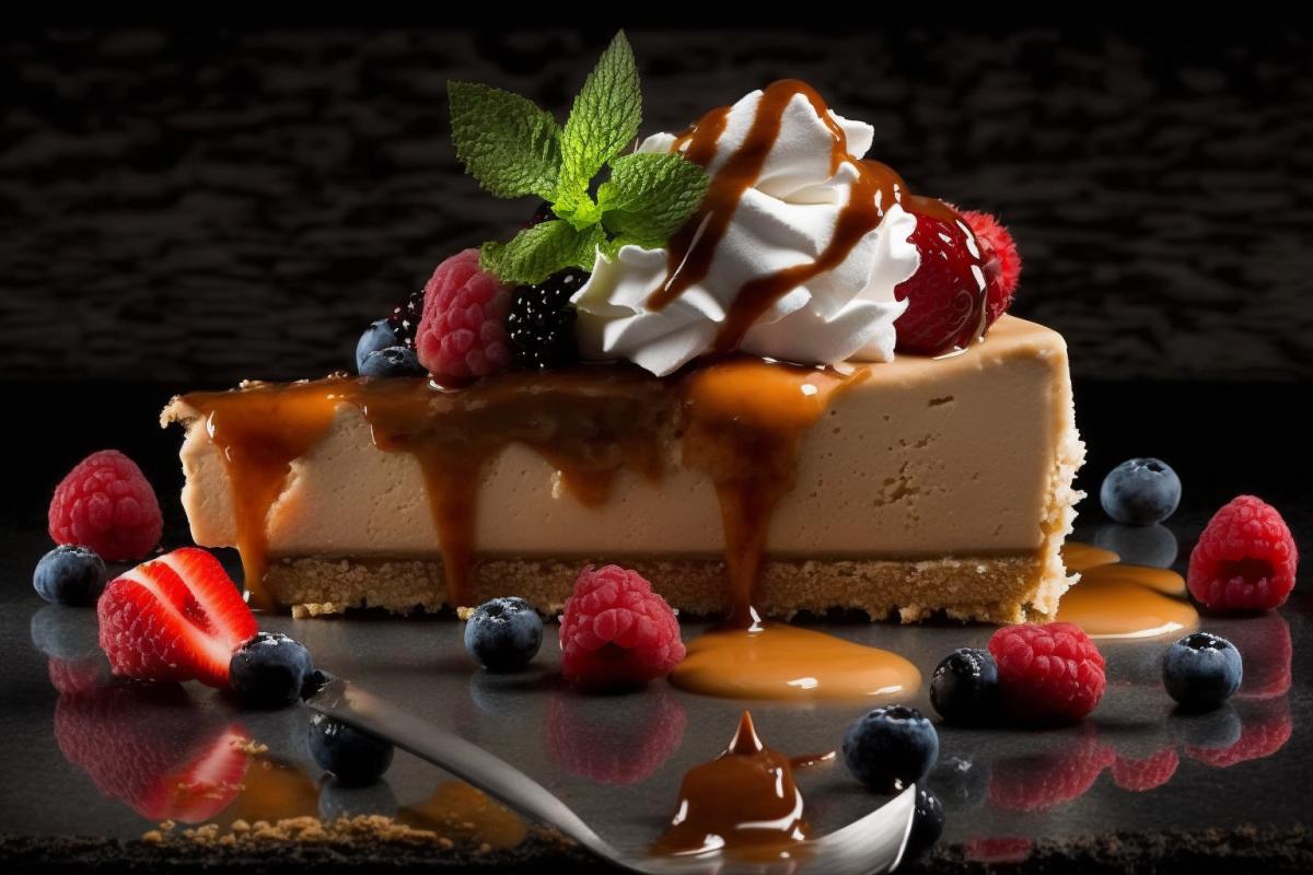 Incredible vanilla bean cracker crust cheesecake topped with caramel sauce and garnished with fresh berries and mint.