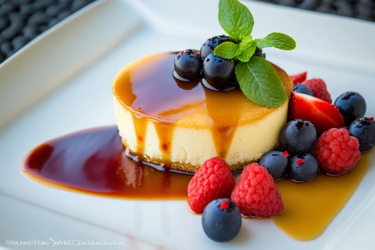 Incredible vanilla bean cracker crust cheesecake topped with caramel sauce and garnished with fresh berries and mint.