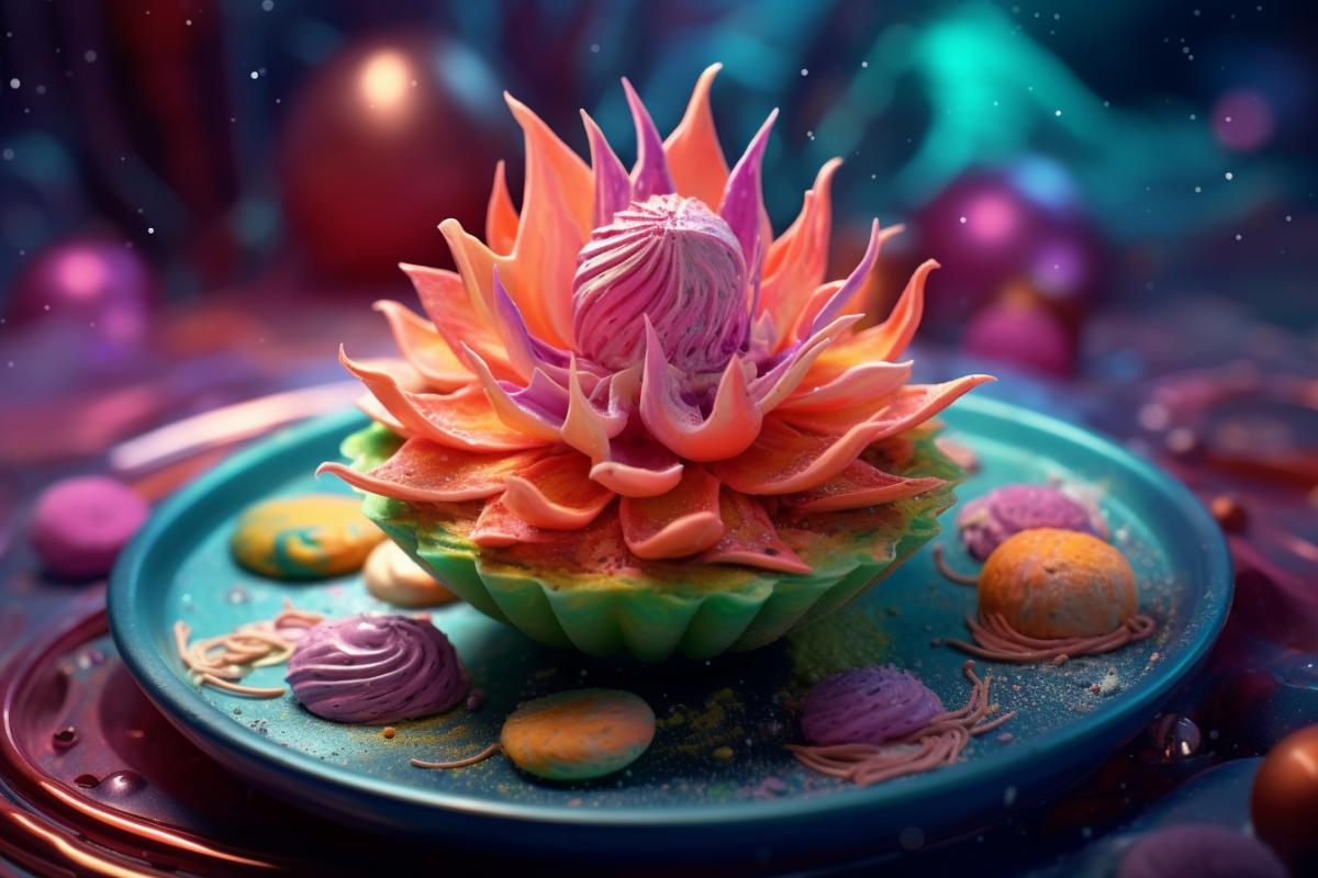 Space dessert in the form of a lotus bright juicy colors pranapunk many details