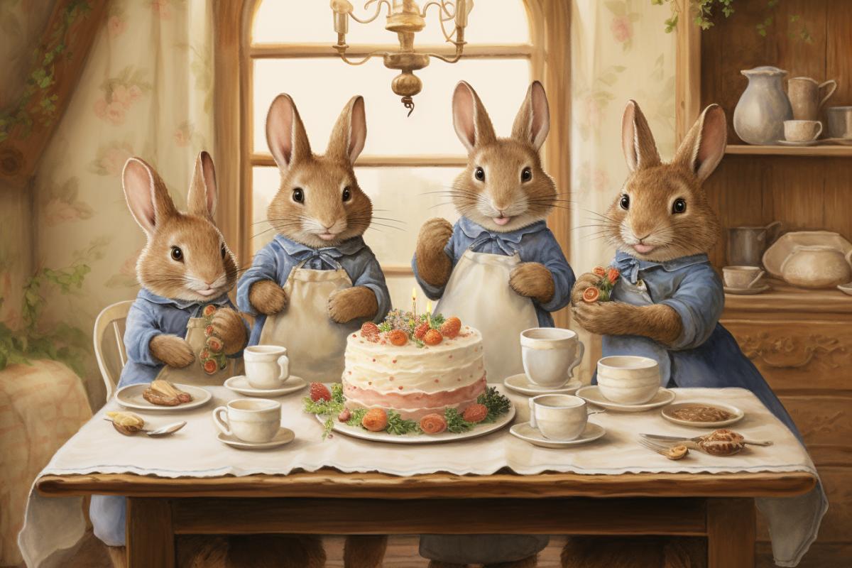 inside a beautiful house, in the kitchen are four rabbits well dressed in a Beatrix Potter style. The rabbits are making a big beautiful wedding cake. Childrens book style, rendering