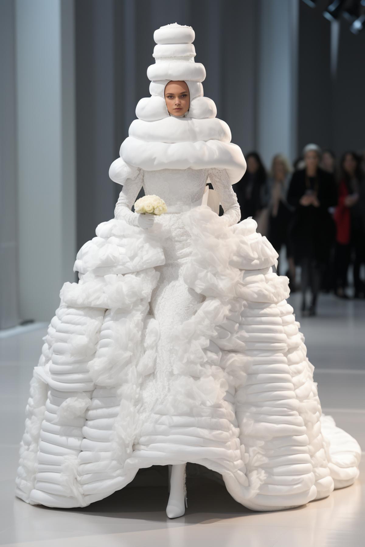Woman wearing a balenciaga wedding cake costume on a runway at a fashion show, expressive, stunning