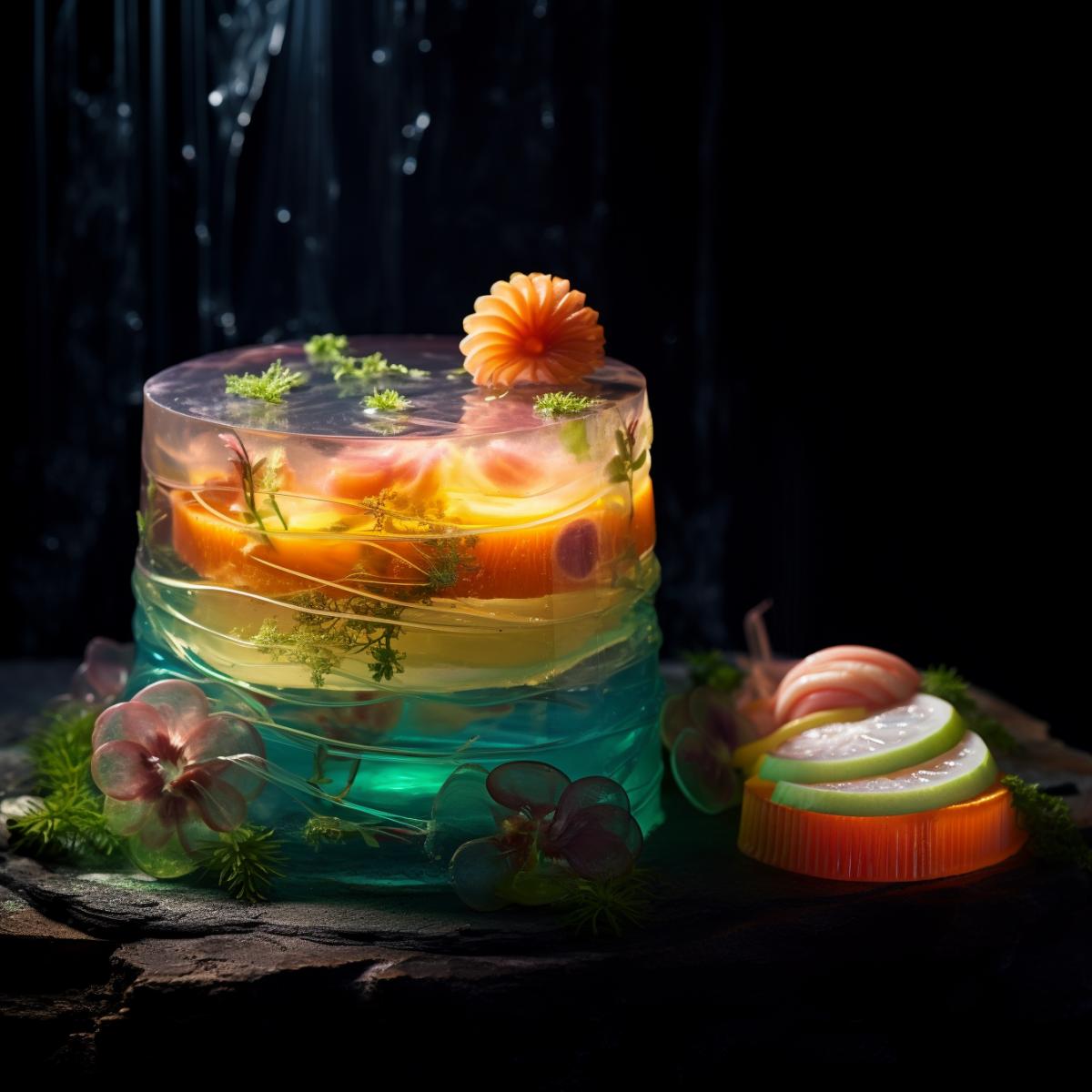 beautiful layered jelly pie with tropical fishes, high dynamic range, wonderful algae as decoration, volumetric lighting, Unreal Engine 5, food professional photo, dark background