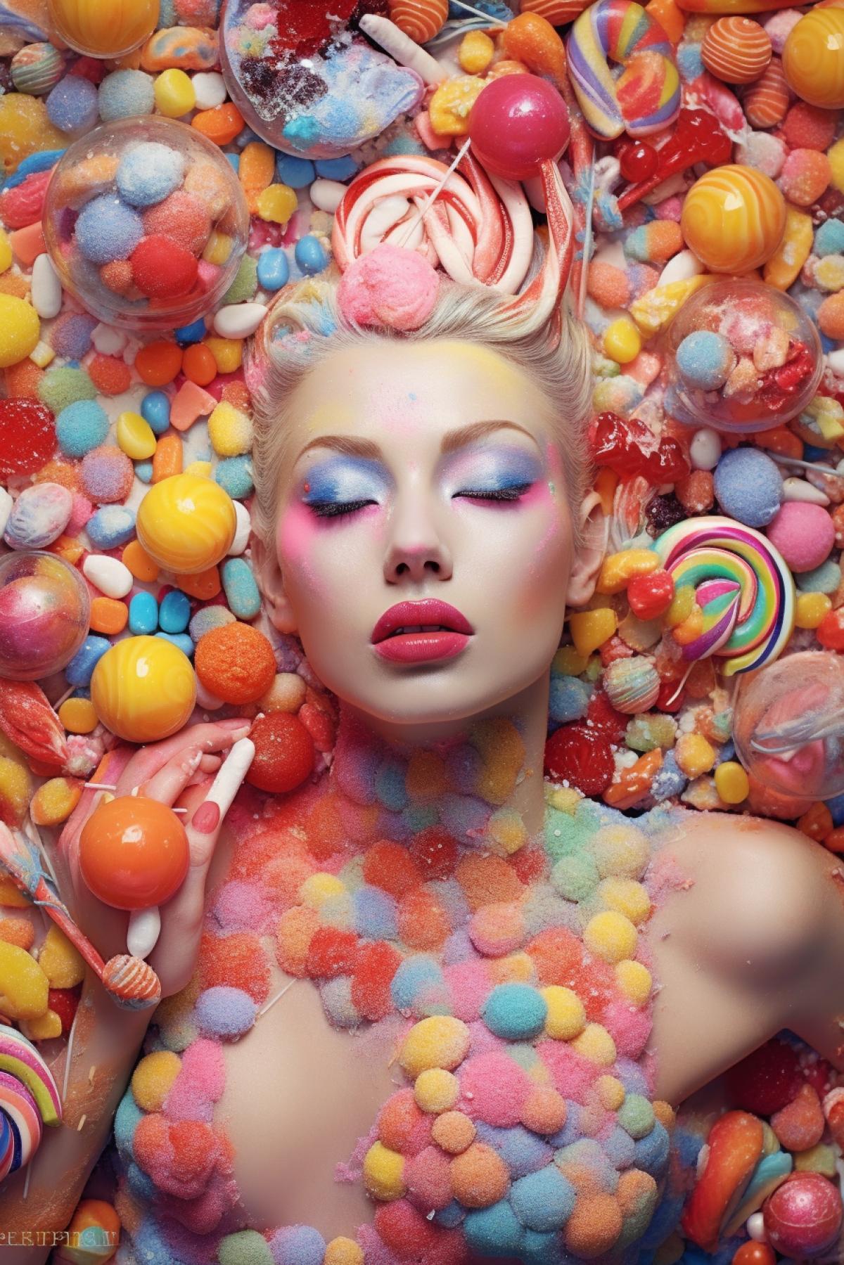 A woman is plastered with sweets