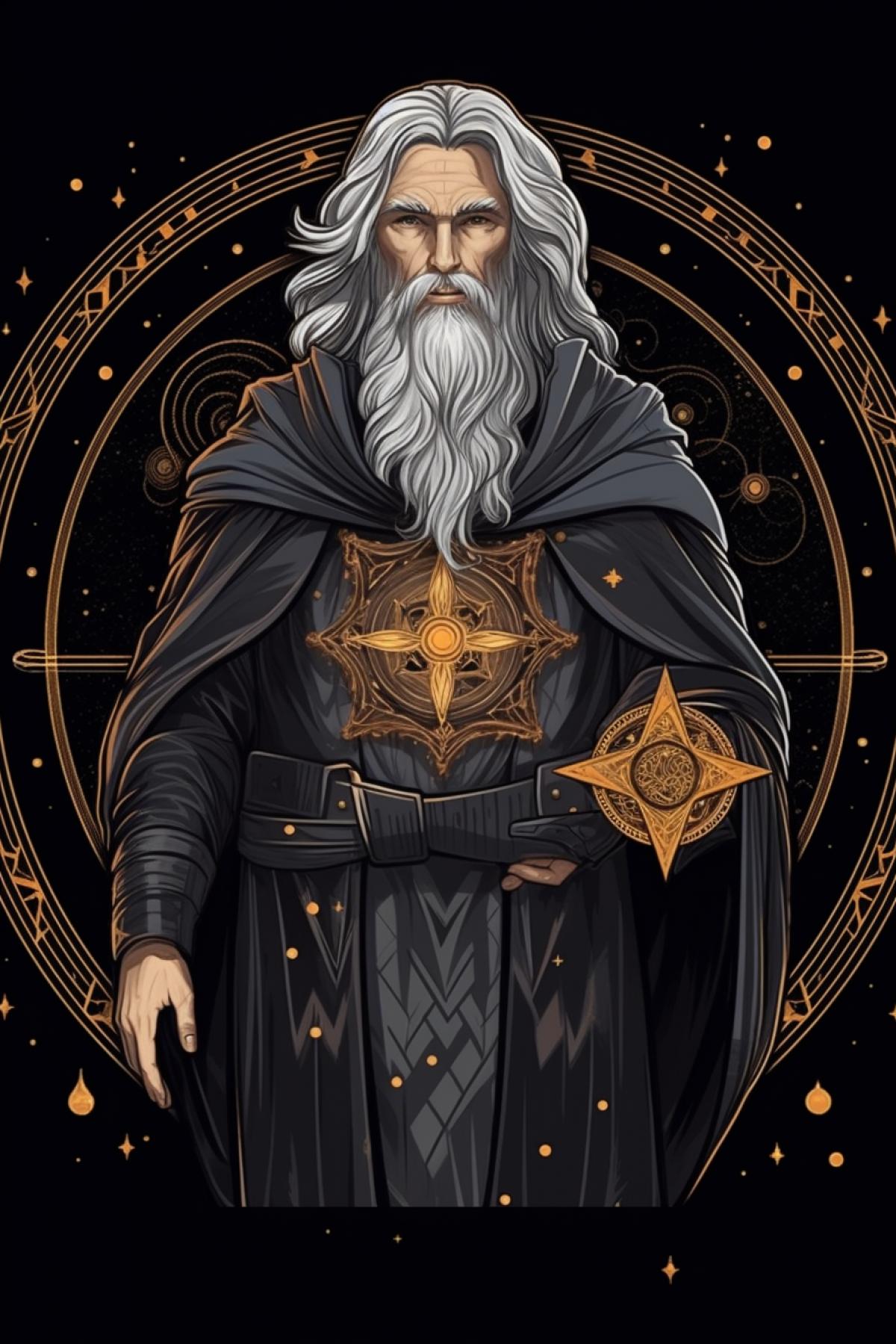 Slavic god Perun, a handsome gray-haired man with a long beard and long hair with a staff, clothes made of a star pattern, sacred geometry, many details