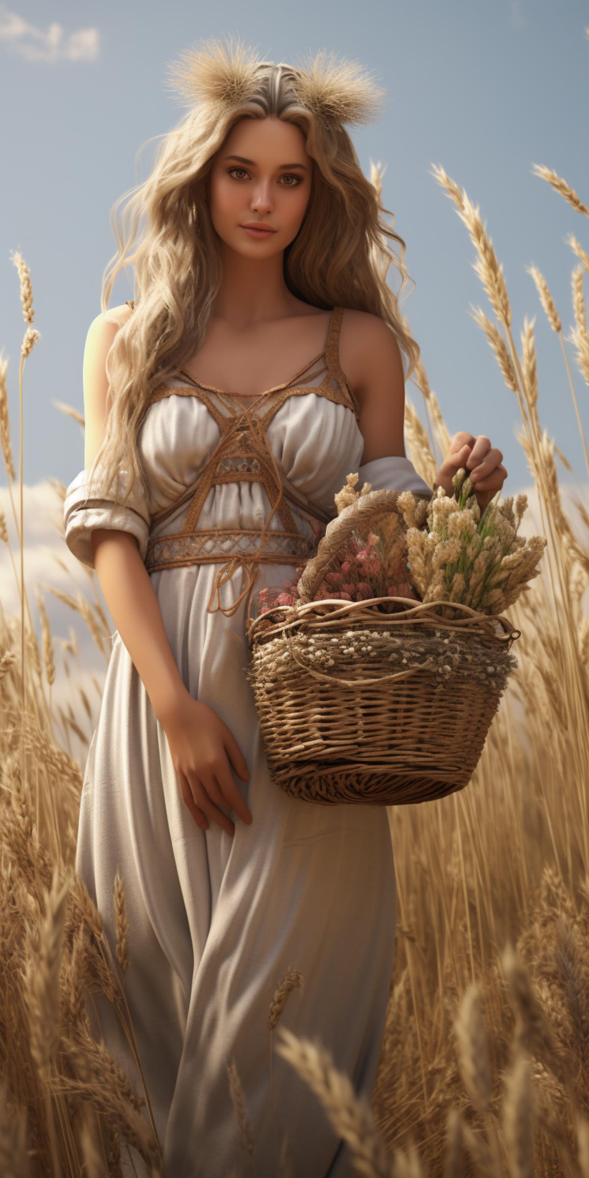 Mokosh Slavic pagan Goddess of fertility and female essence, depicted with a basket of fruit or spikelets of grain, full-body, high octane, epic, hyper detailed, ultra detailed, hyper realistic, epic, unreal engine, cinematic, 8k, hd, photorealistic, close shot, ultra sharpness, Edwin Austin Abbey style