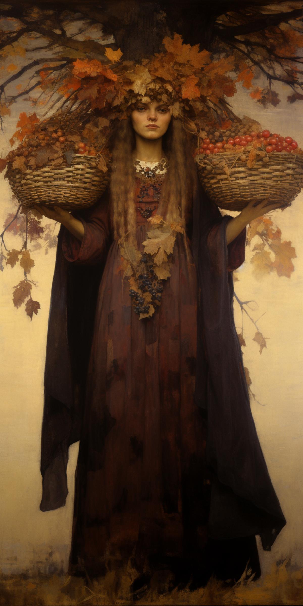 Mokosh Slavic pagan Goddess of fertility and female essence, depicted with a basket of fruit or spikelets of grain, full-body, Edwin Austin Abbey style