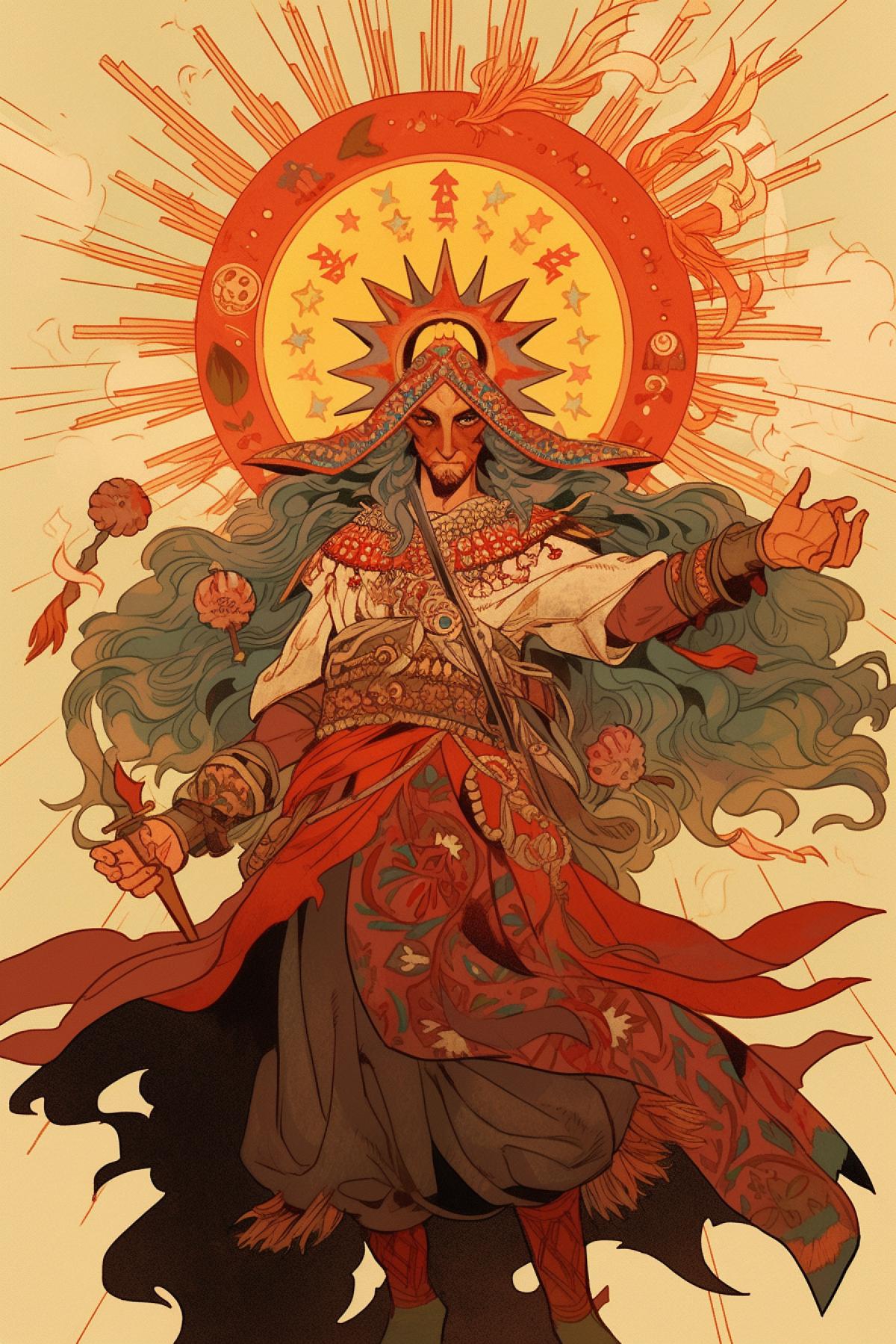The pagan Slavic god Yarilo, a stylized image of the Sun, costumes and paraphernalia of ancient Slavic mythology