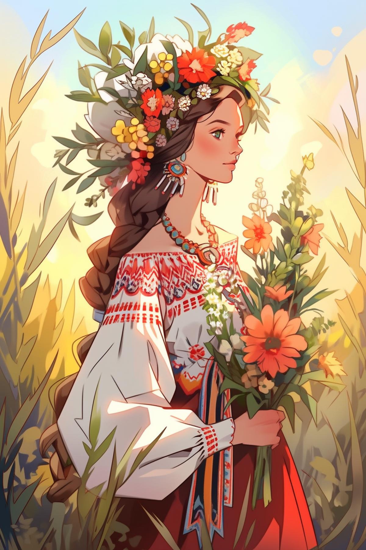 Slavic goddess Lada in the image of a beautiful tender young woman, in an ancient Slavic costume, among flowers, against the backdrop of nature and sunlight, a stylized illustration in the style of Slavic mythology, Slavic ethnic ornaments
