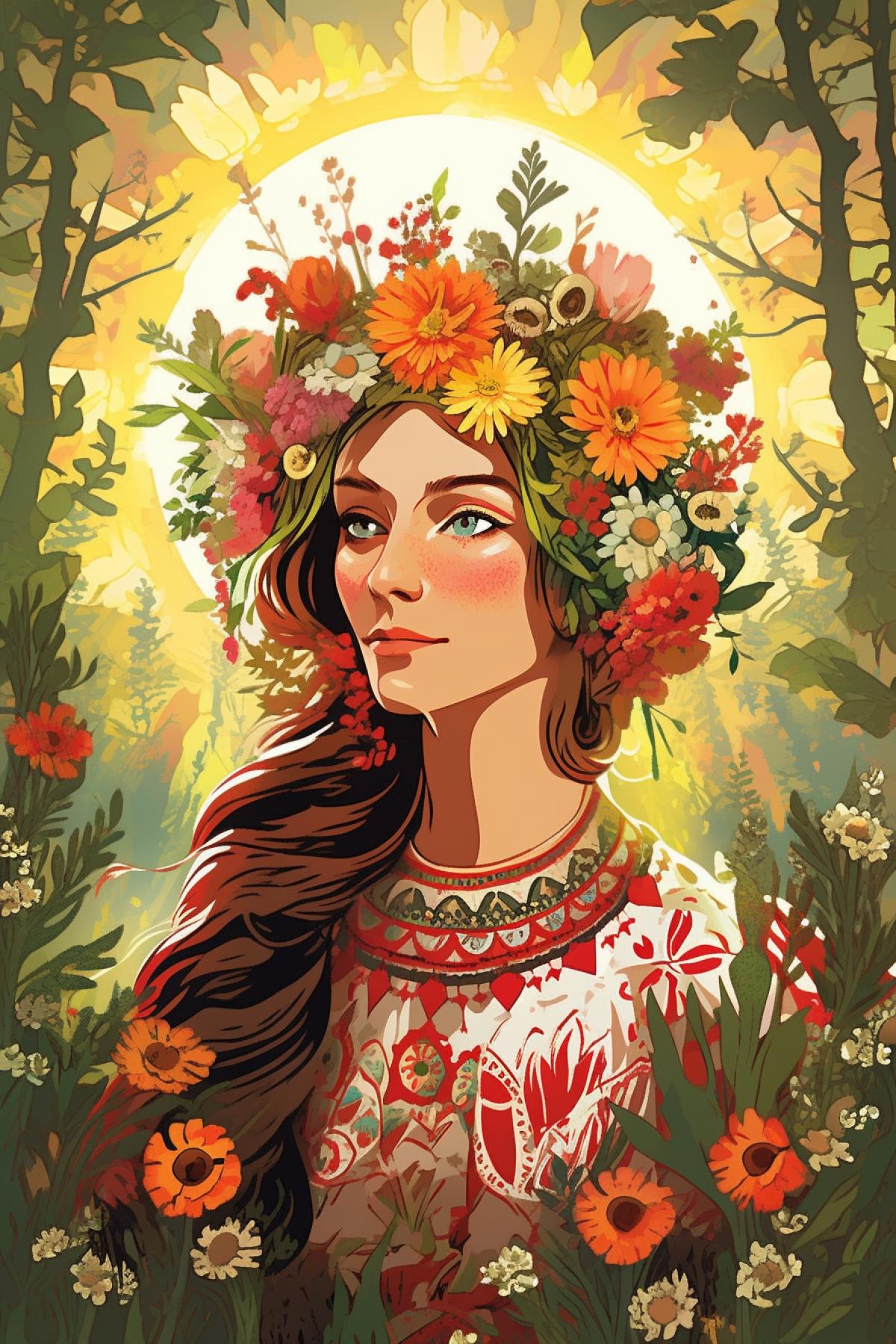 Slavic goddess Lada in the image of a beautiful tender young woman, in an ancient Slavic costume, among flowers, against the backdrop of nature and sunlight, a stylized illustration in the style of Slavic mythology, Slavic ethnic ornaments