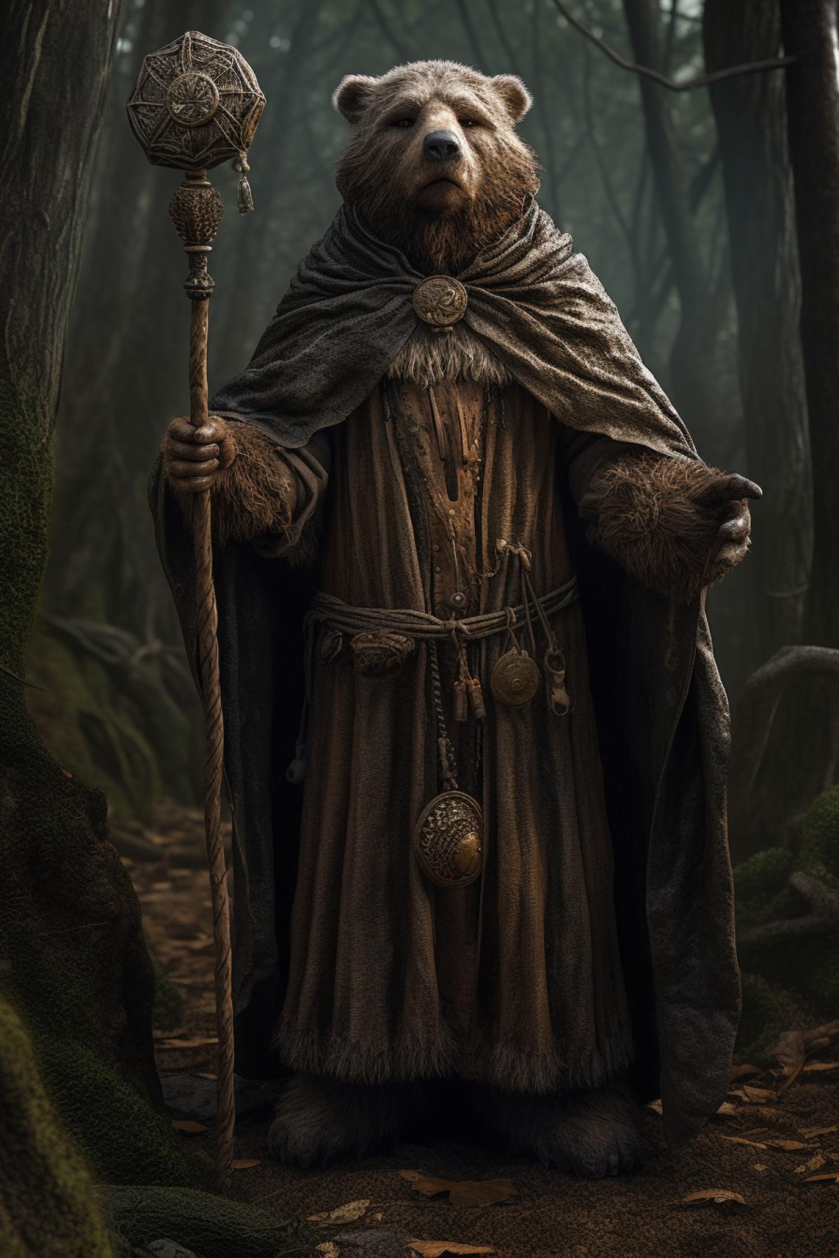 full front body view,bear shaman,holding a long walking stick in right hand,wearing a brown cloak,wearing a silver medallion around neck,standing on a rock,highly detailed,canon eos r3, 50mm,8k, ultra hd, hdr.