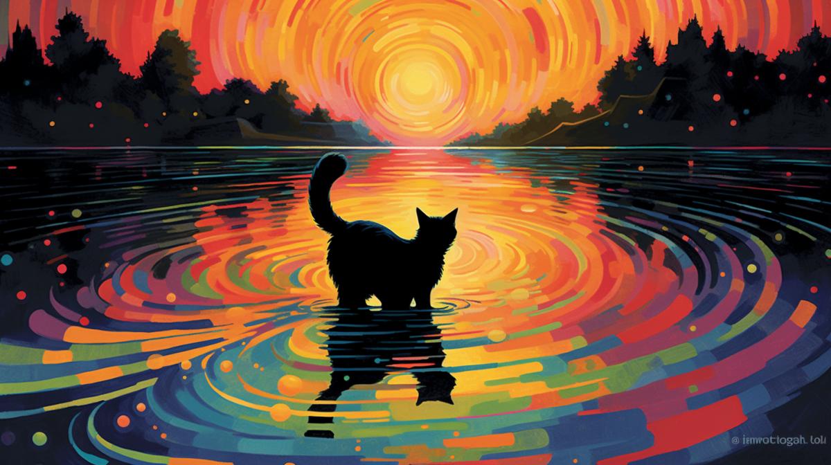 Silhouette of a cat, sunset, Dashing circles on the water of a dark lake, glow with all the colors of the rainbow