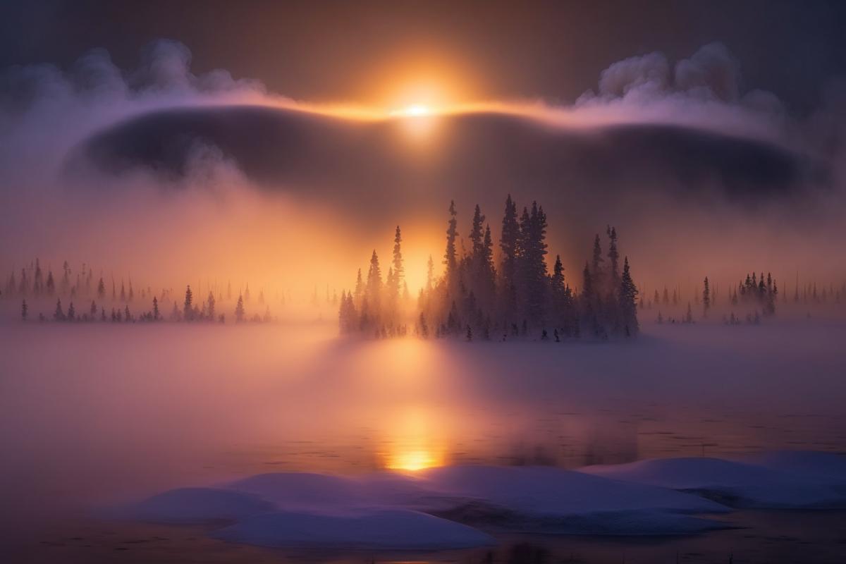 Beautiful sunset in the fog, mysterious hallucinations